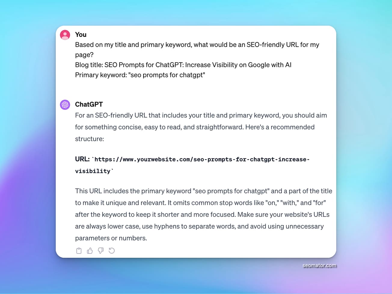 URL optimization prompt results showing SEO-friendly slug recommendations