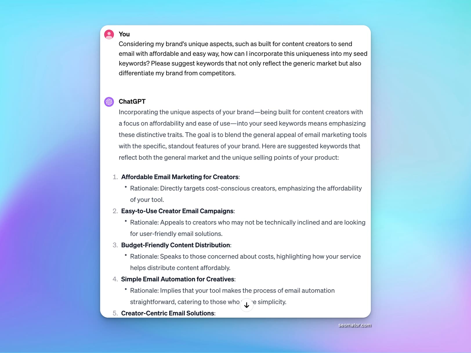 Brand differentiation keyword prompt with unique value proposition keywords