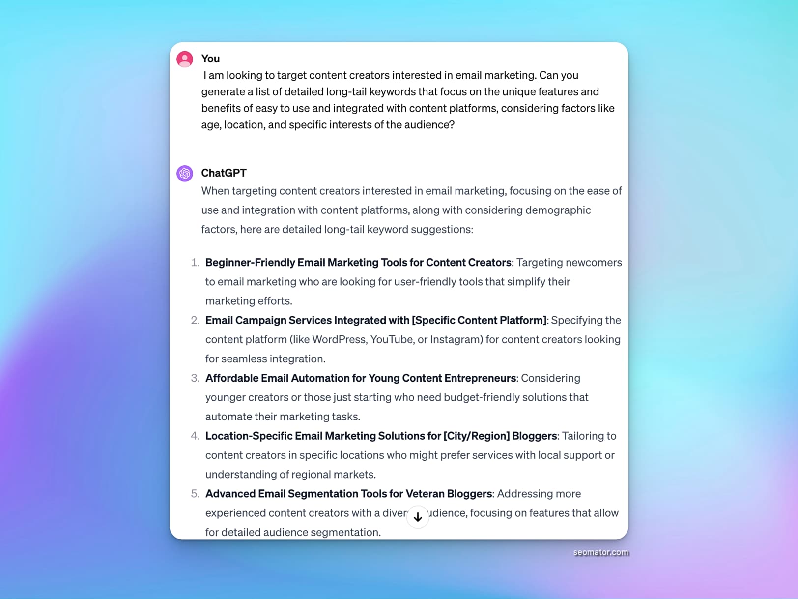 Product-specific long-tail keyword generation showing audience-targeted variations
