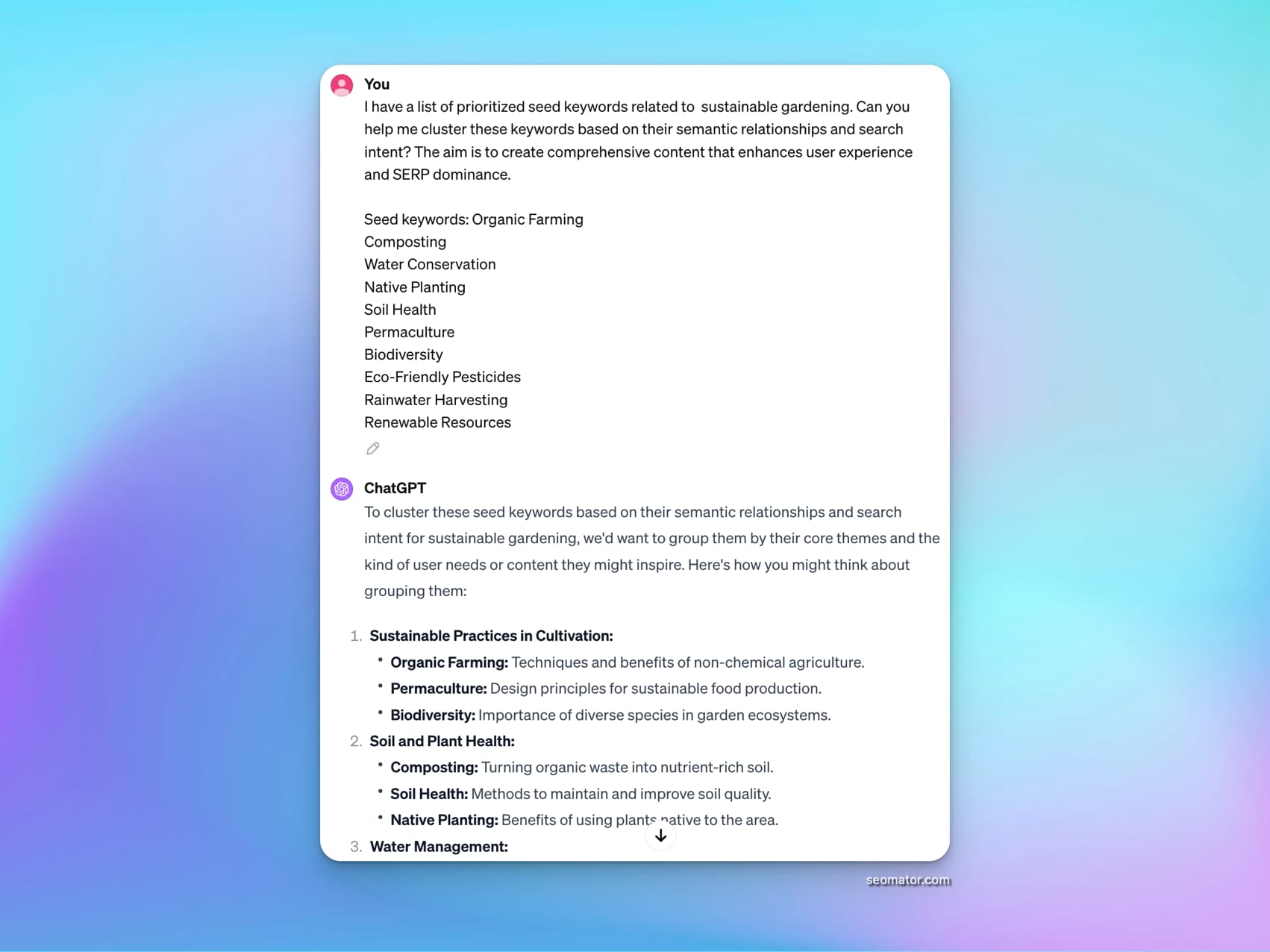 Keyword clustering visualization showing semantic groupings for content planning