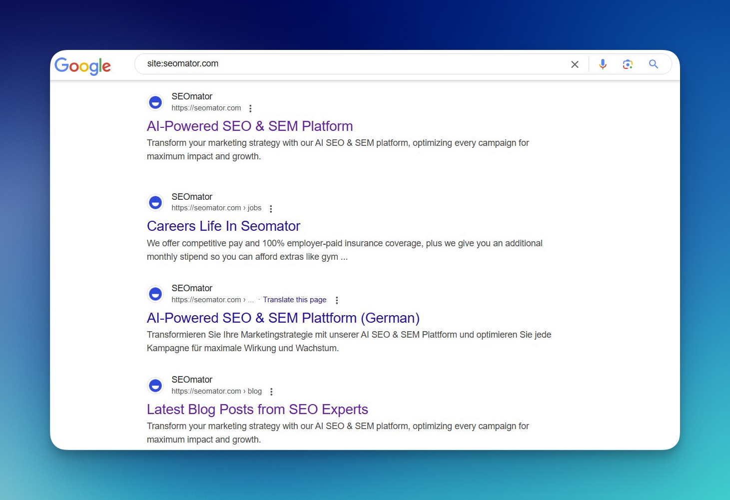 Google-Suchergebnisse mit site:-Operator zeigen indexierte Seiten einer bestimmten Domain