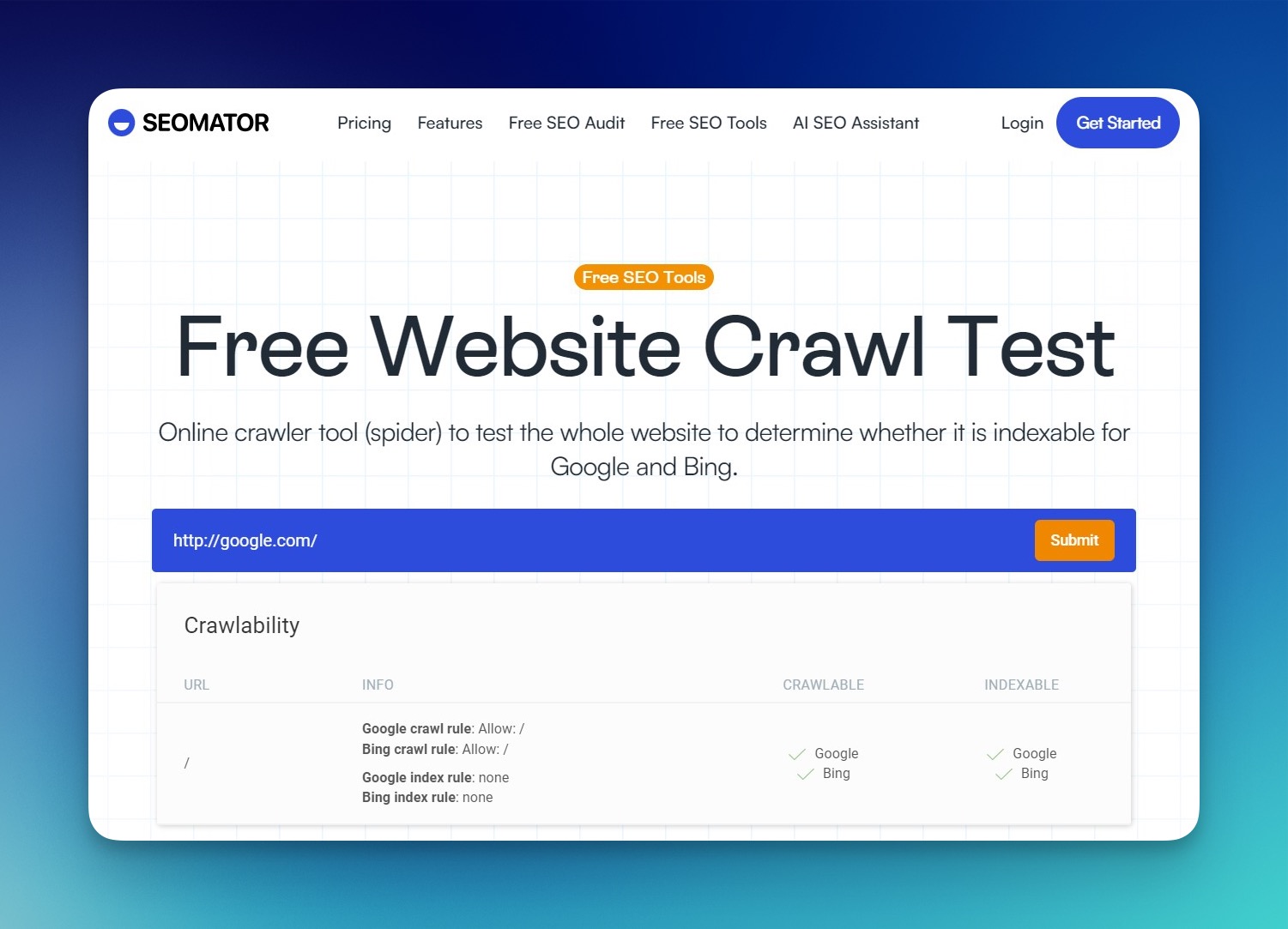 SEOmator kostenloses Website-Crawl-Test-Tool-Interface mit URL-Eingabefeld und Absenden-Button