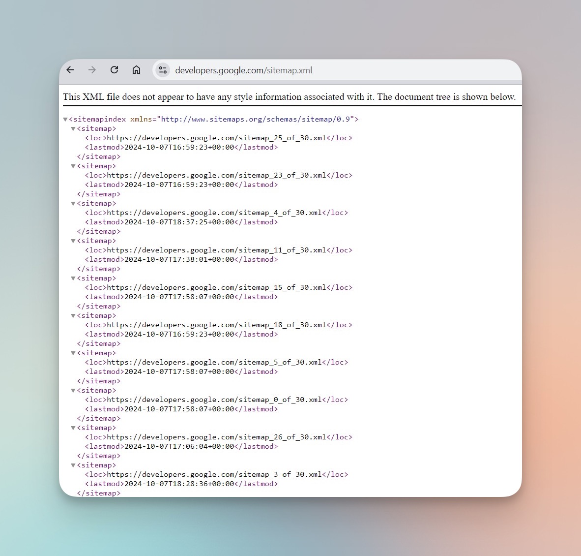 XML sitemap file displayed in browser showing URL structure with lastmod dates and priority values