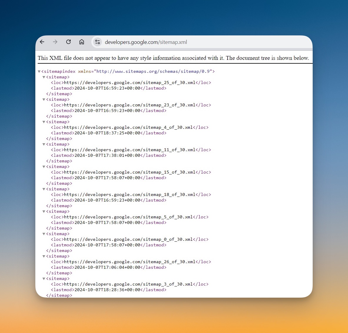 XML sitemap file displaying structured URLs and last modification dates in a browser