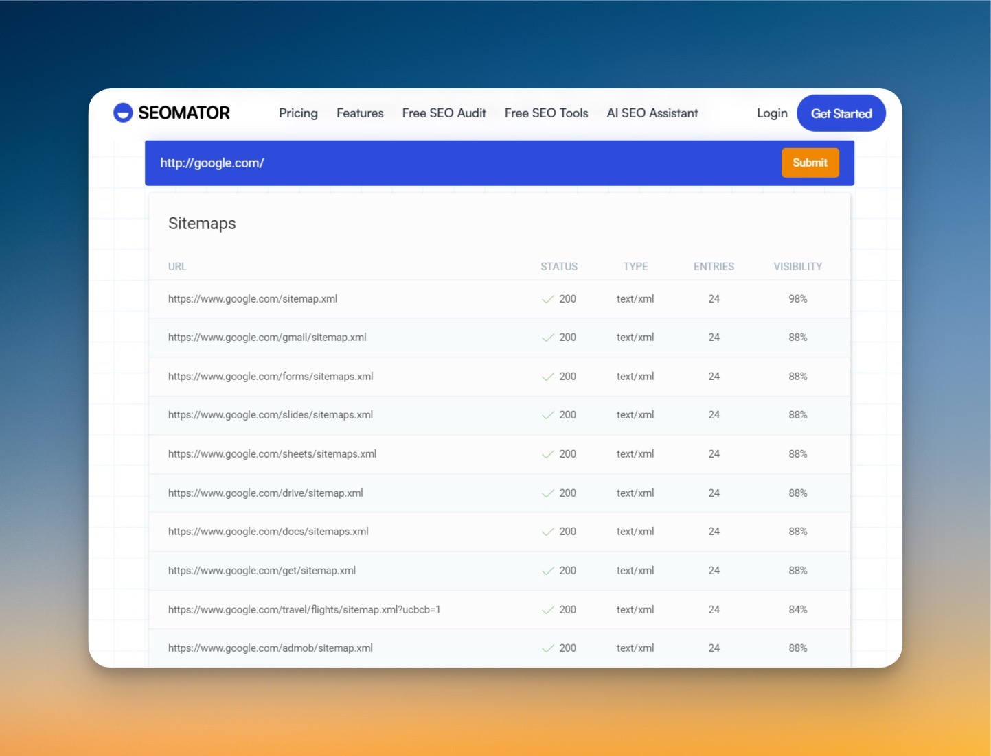 SEOmator Sitemap Finder tool interface showing URL input field and sitemap detection results