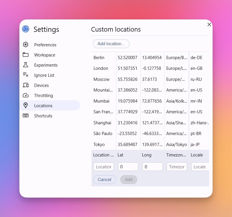 Chrome Developer Tools Sensors panel showing custom geolocation coordinates input fields