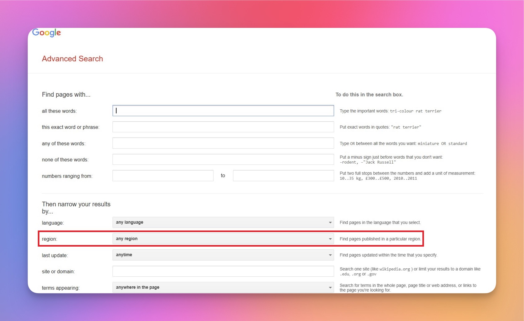 Google Advanced Search page showing region dropdown menu for filtering search results by country