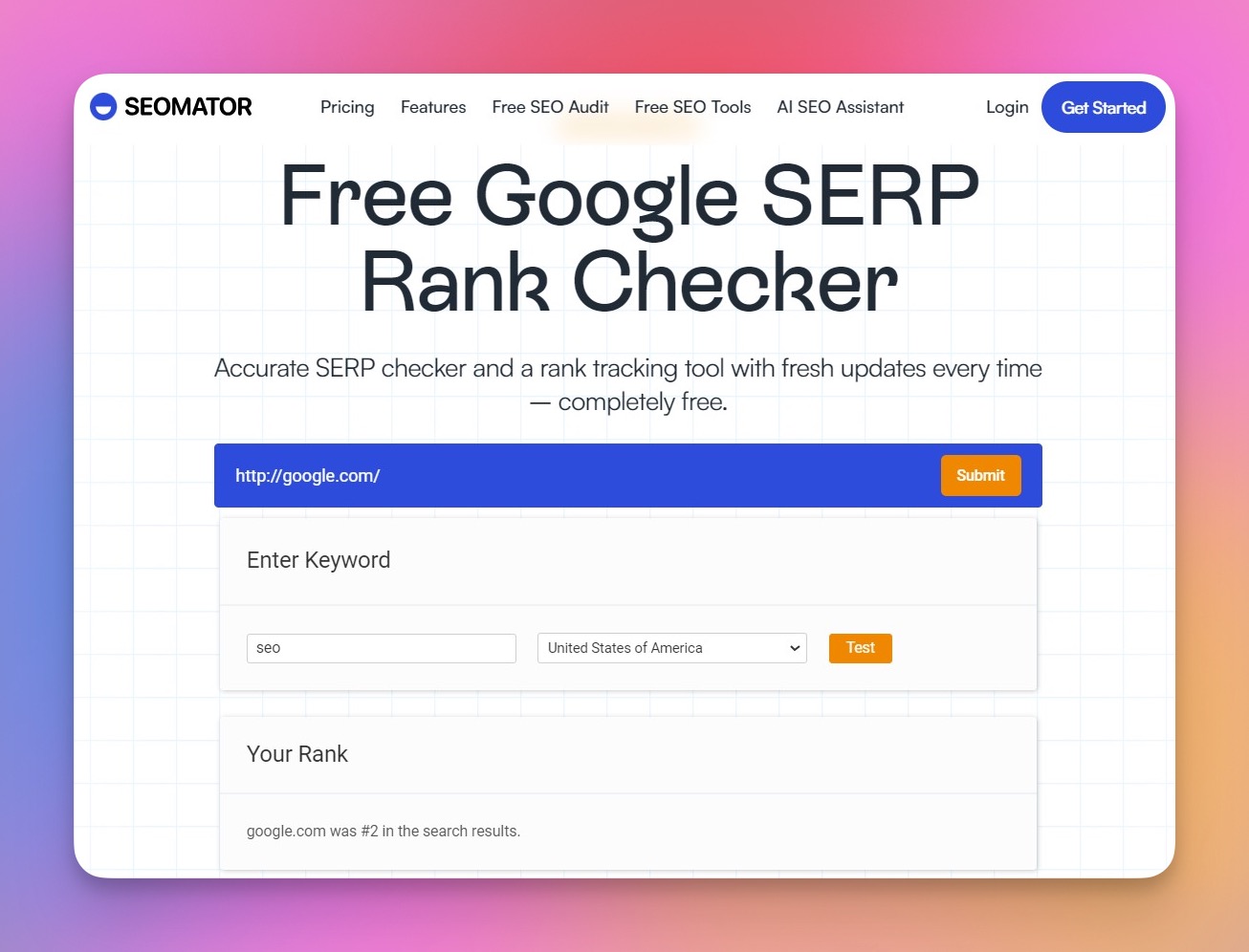 SEOmator SERP Rank Checker tool interface showing keyword input fields and location selection dropdown