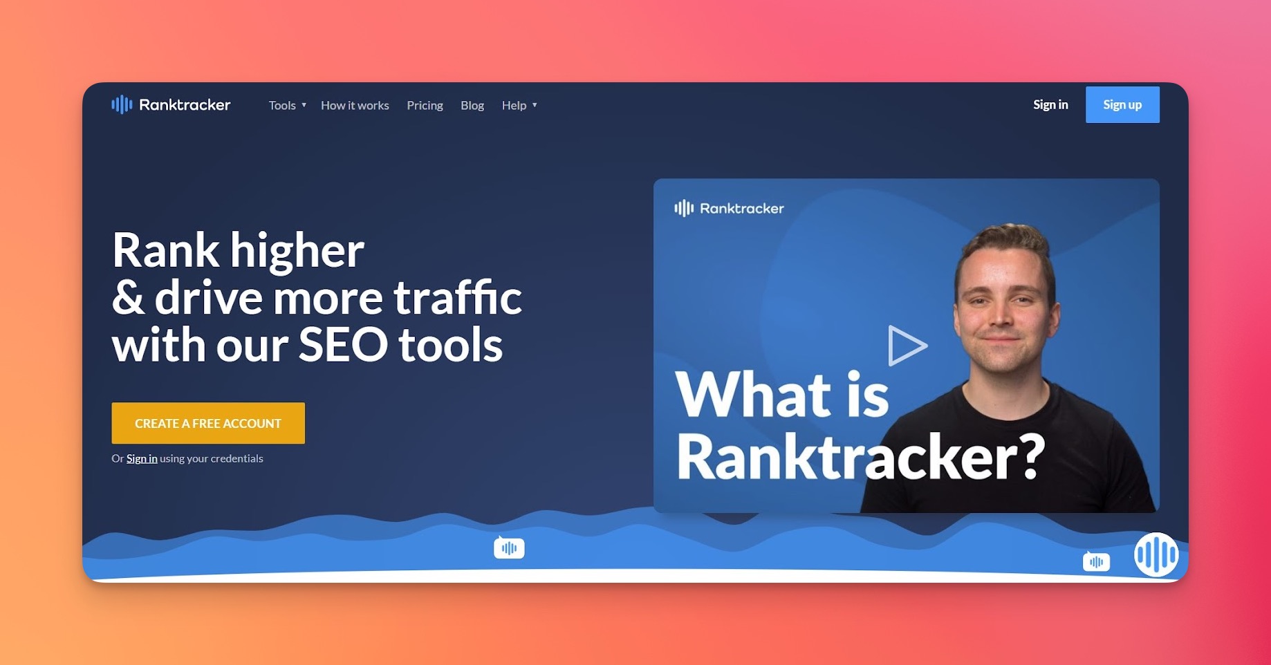 Ranktracker-Startseite mit dem Haupt-Dashboard für Keyword-Tracking und SERP-Analyse-Tools