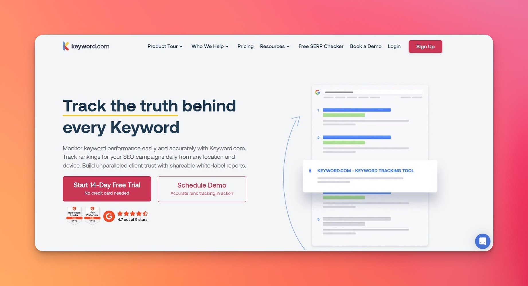 Keyword.com-Oberfläche mit Echtzeit-Keyword-Tracking, standortspezifischen SERP-Daten und Mobile-Rankings