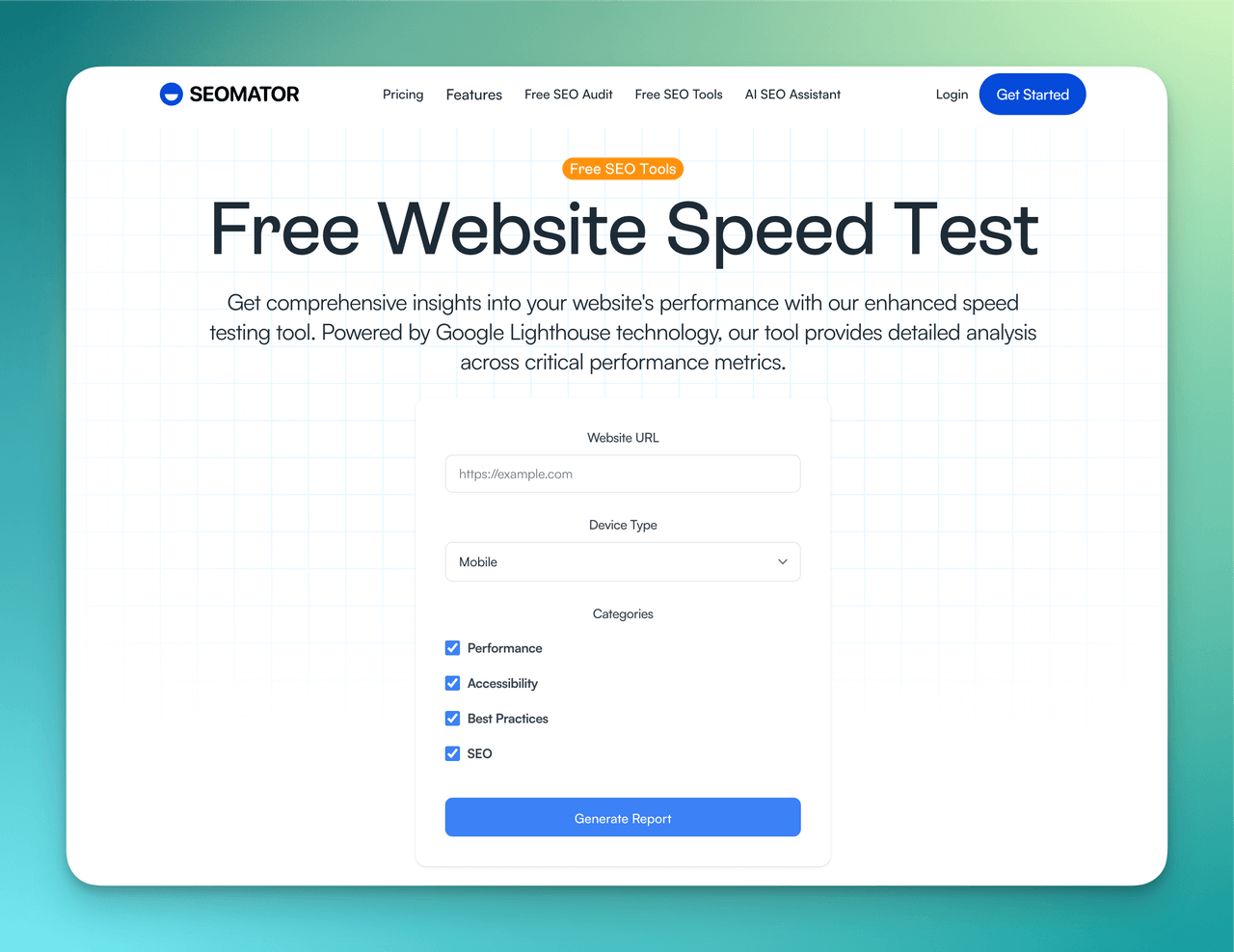 SEOmator website speed test tool displaying page load metrics including time to first byte, largest contentful paint, and total blocking time