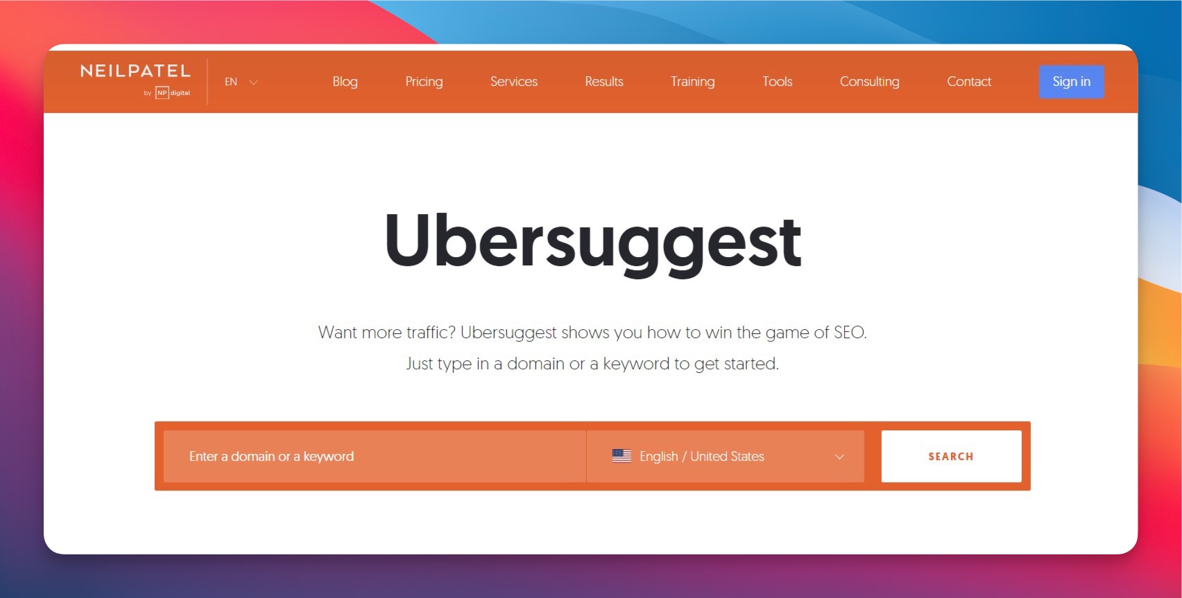 Ubersuggest Keyword-Übersicht zeigt Suchvolumen, SEO-Schwierigkeit und Content-Ideen-Panel