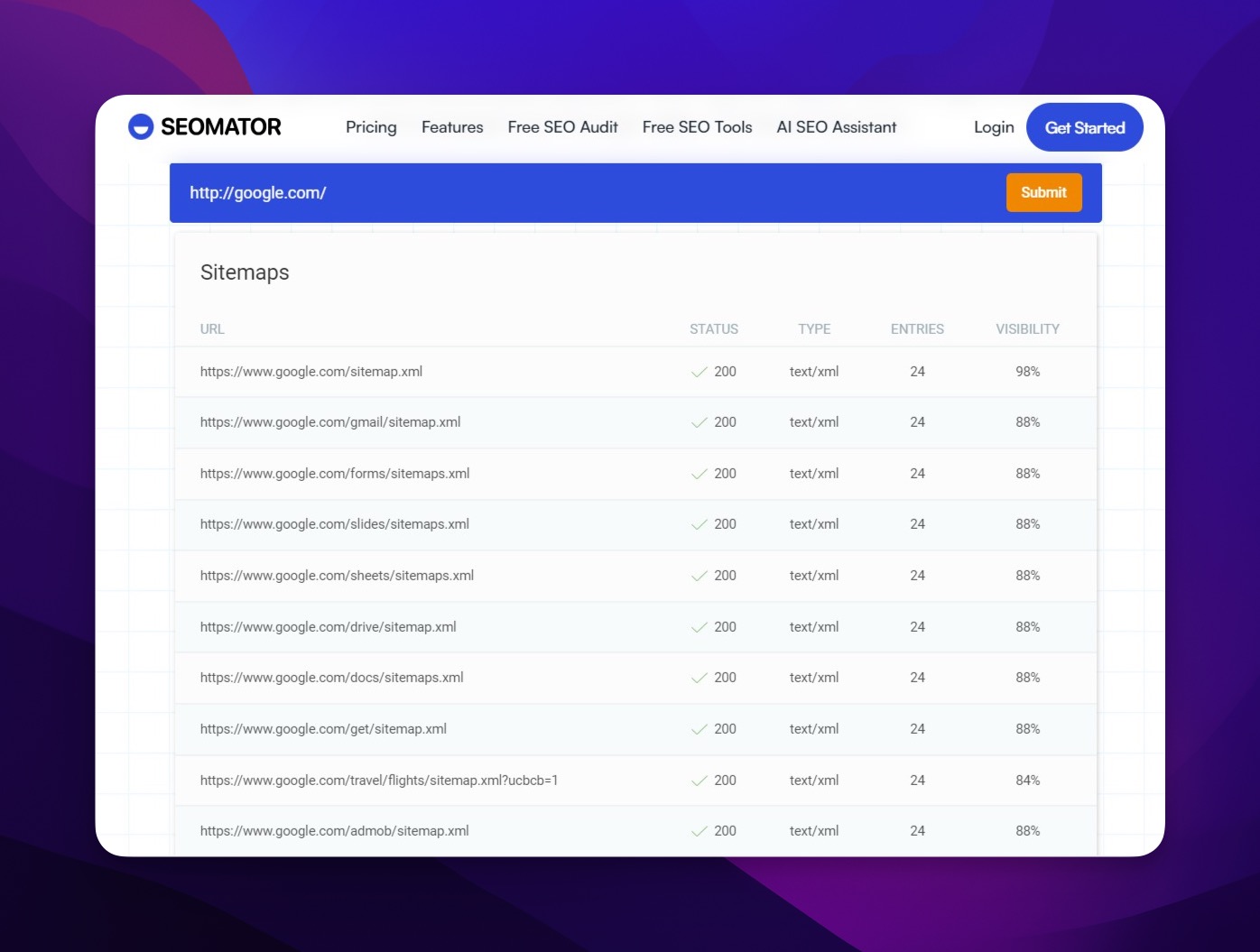 SEOmator-Sitemap-Finder-Oberfläche mit URL-Eingabefeld und Submit-Button zum Auffinden von Website-Sitemaps
