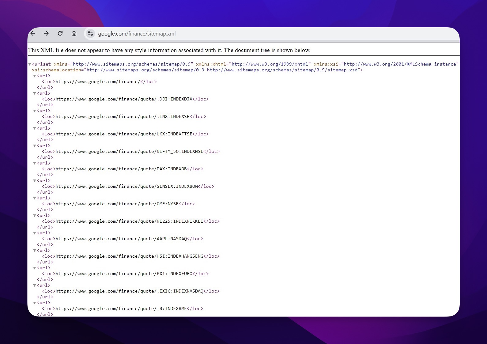 Browser zeigt eine XML-Sitemap-Datei mit strukturierten URL-Einträgen einschließlich lastmod-Daten und Priority-Werten