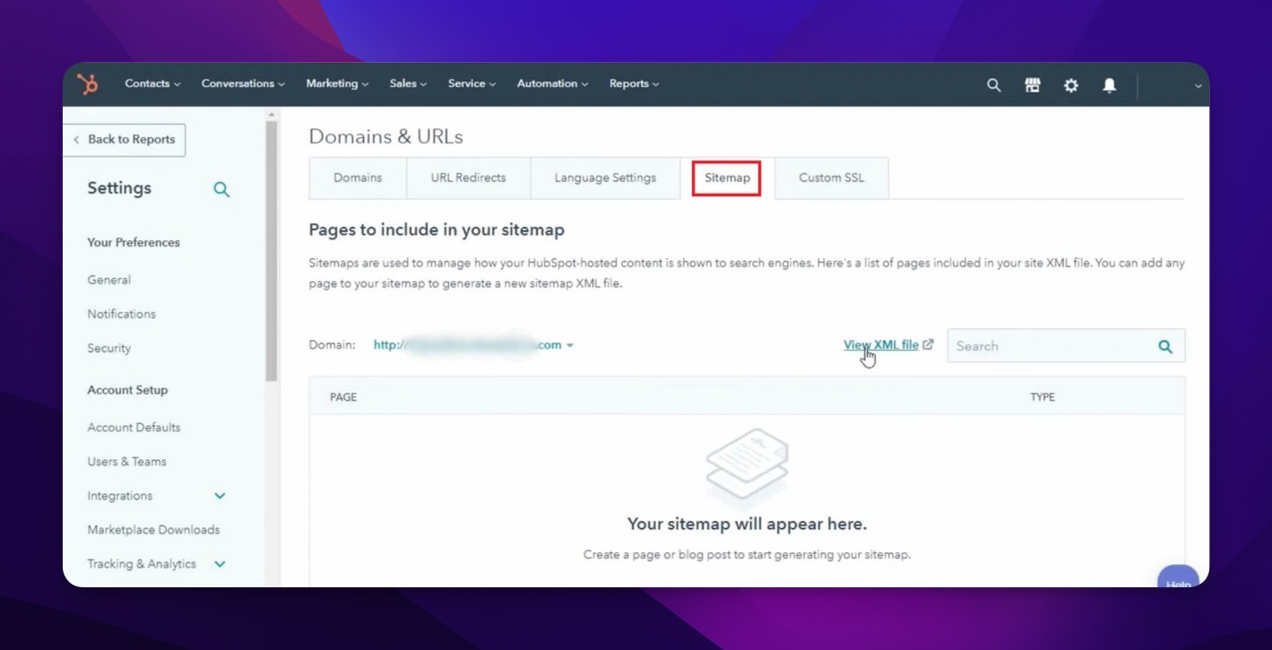 HubSpot-Einstellungsbereich mit der Website-Navigation zu Domains und URLs, wo der Sitemap-Link zu finden ist