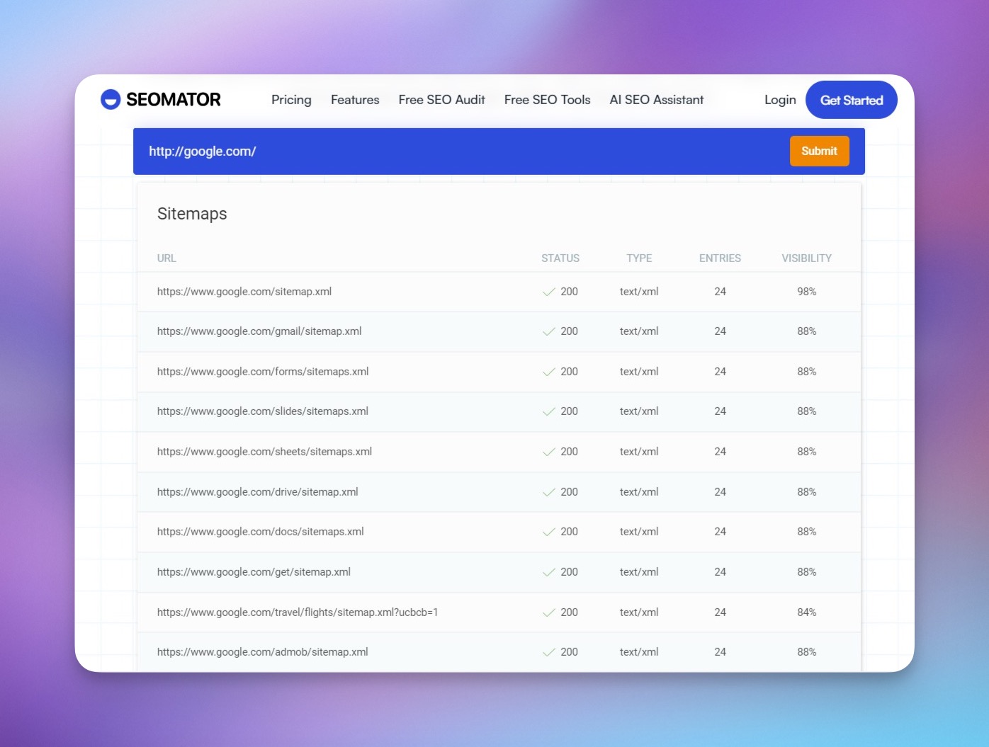 SEOmator-Sitemap-Finder-Oberfläche mit URL-Eingabefeld und Submit-Button zum Auffinden von Website-Sitemaps