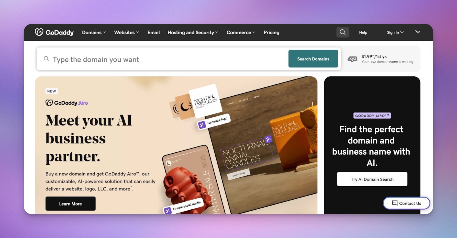GoDaddy-Website-Builder-Startseite mit Domain-Verwaltung und Website-Hosting-Optionen für kleine Unternehmen