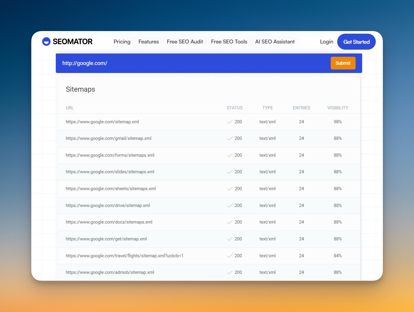 SEOmator-Sitemap-Finder-Oberfläche mit URL-Eingabefeld und Submit-Button zum Auffinden von Website-Sitemaps