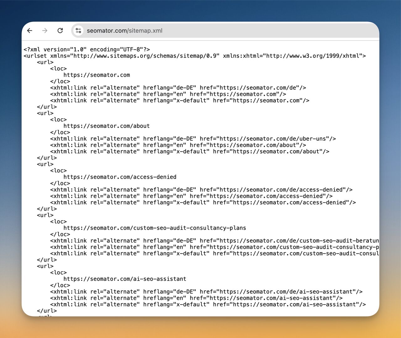 Browser zeigt eine Webflow-XML-Sitemap-Datei mit strukturierten URL-Einträgen und lastmod-Daten für alle veröffentlichten Seiten