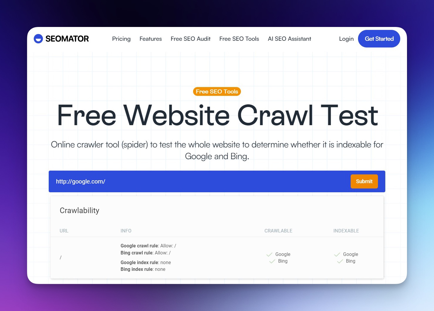 SEOmator-Oberflaeche fuer den kostenlosen Website-Crawl-Test mit URL-Eingabefeld zur Durchfuehrung von Site-Audits