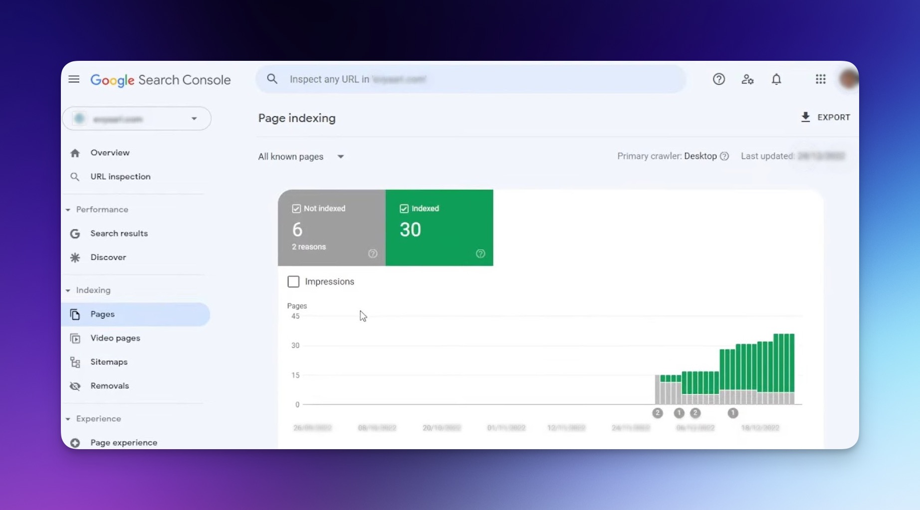 Google Search Console Seitenindexierungsbericht mit indexierten und ausgeschlossenen URLs sowie Abdeckungsdetails