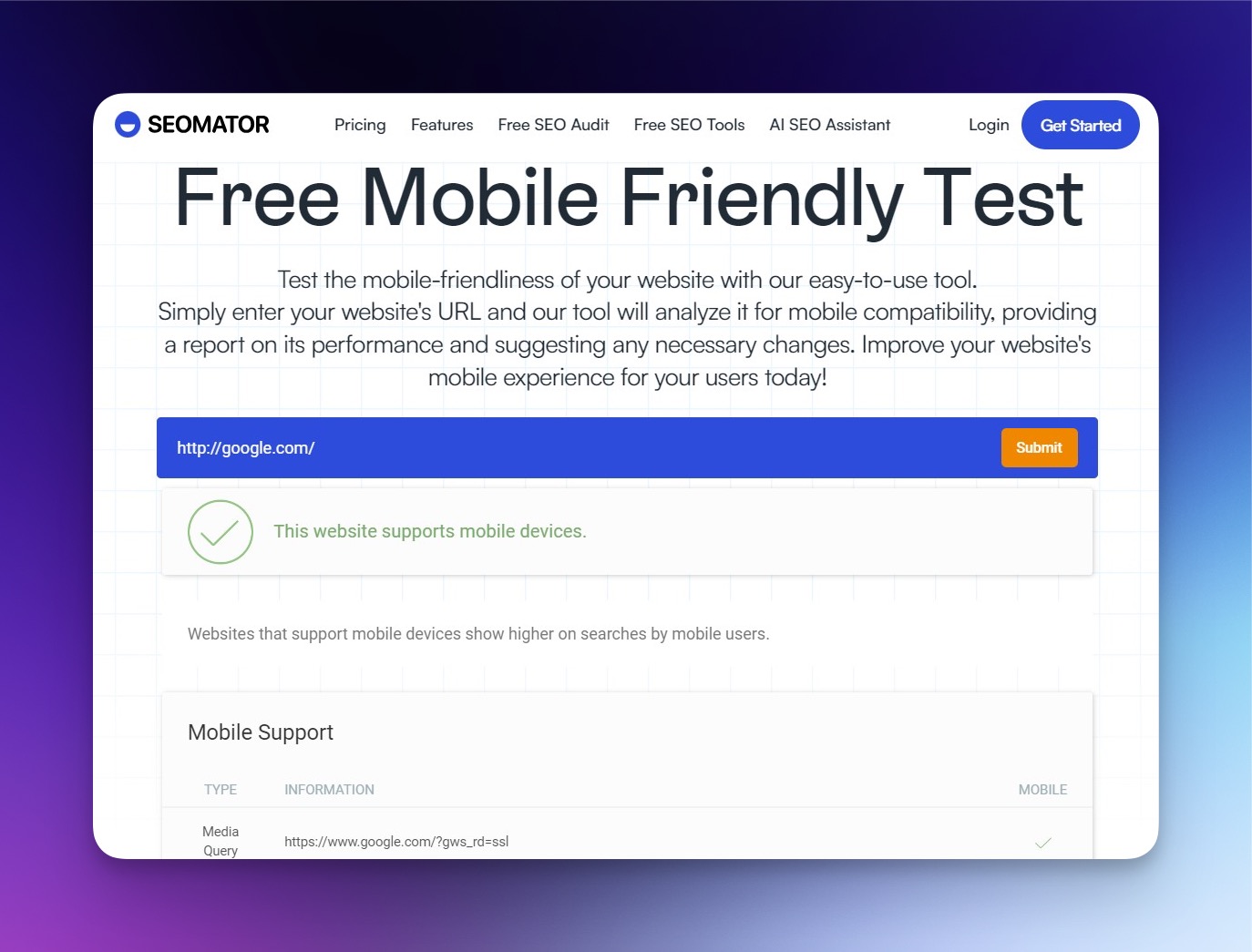 SEOmator Mobilfreundlichkeitstest-Tool mit Analyse der responsiven Darstellung einer Website