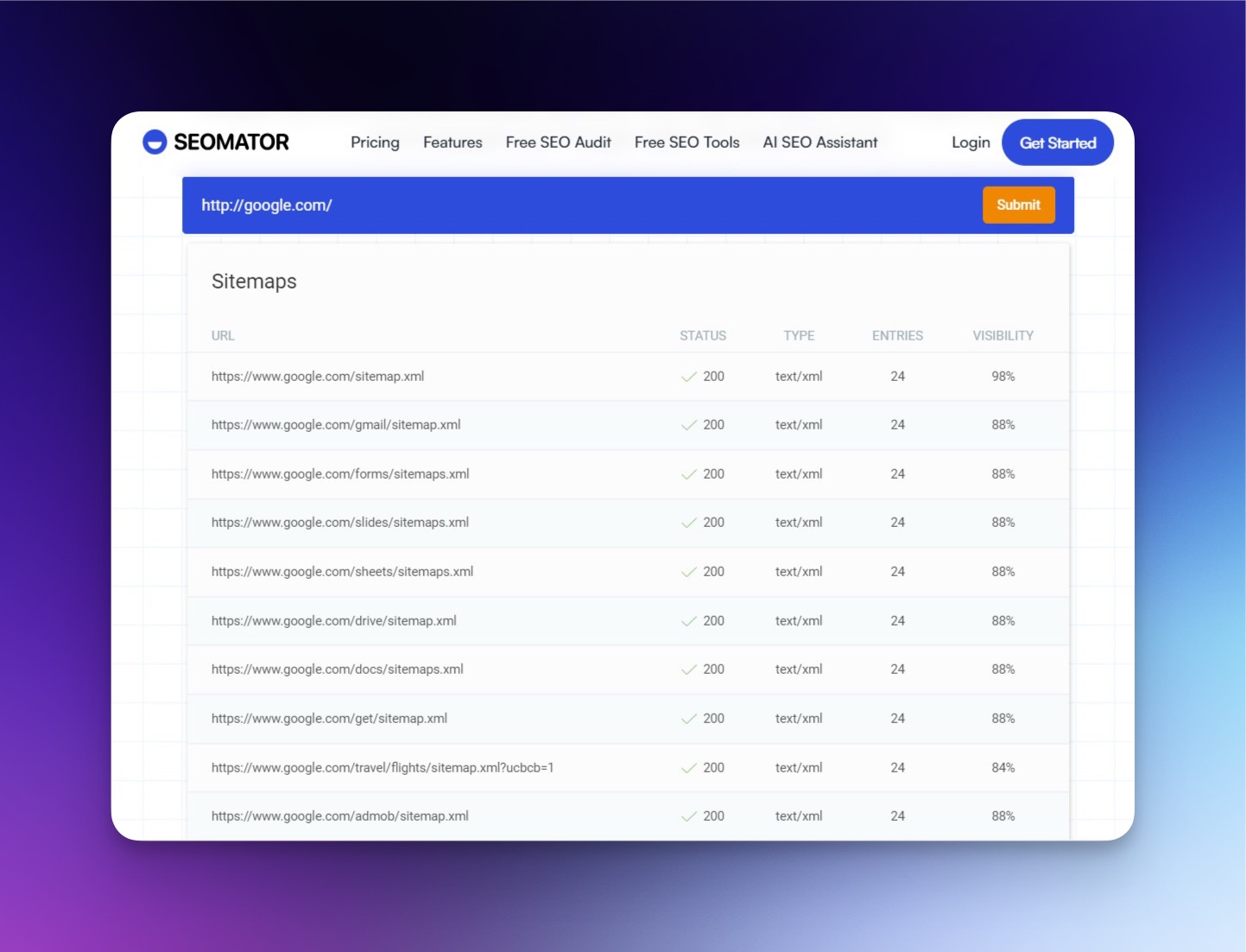 SEOmator Sitemap Finder tool interface showing URL input field and automated sitemap detection results