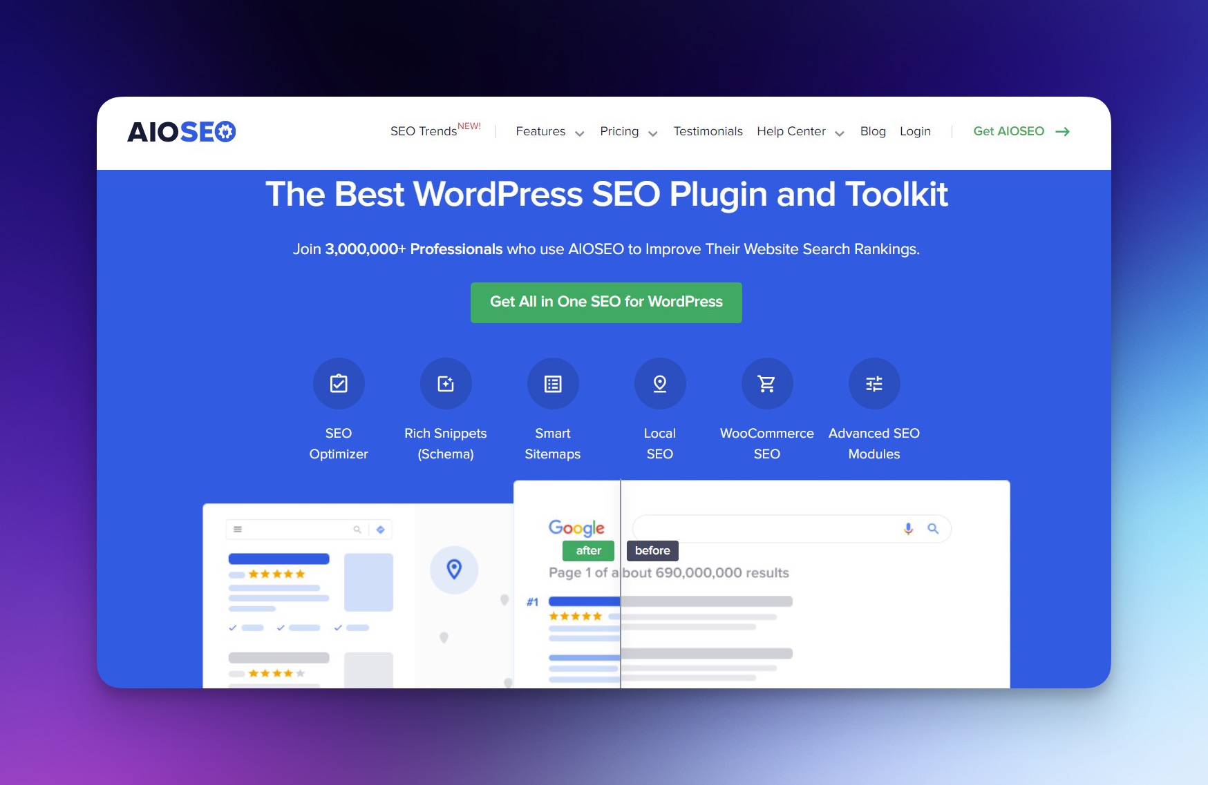 All in One SEO plugin homepage showing WordPress SEO features including sitemap generation