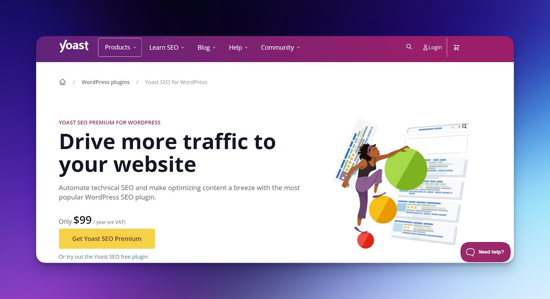 Yoast SEO plugin homepage showing the WordPress SEO optimization tool features and pricing
