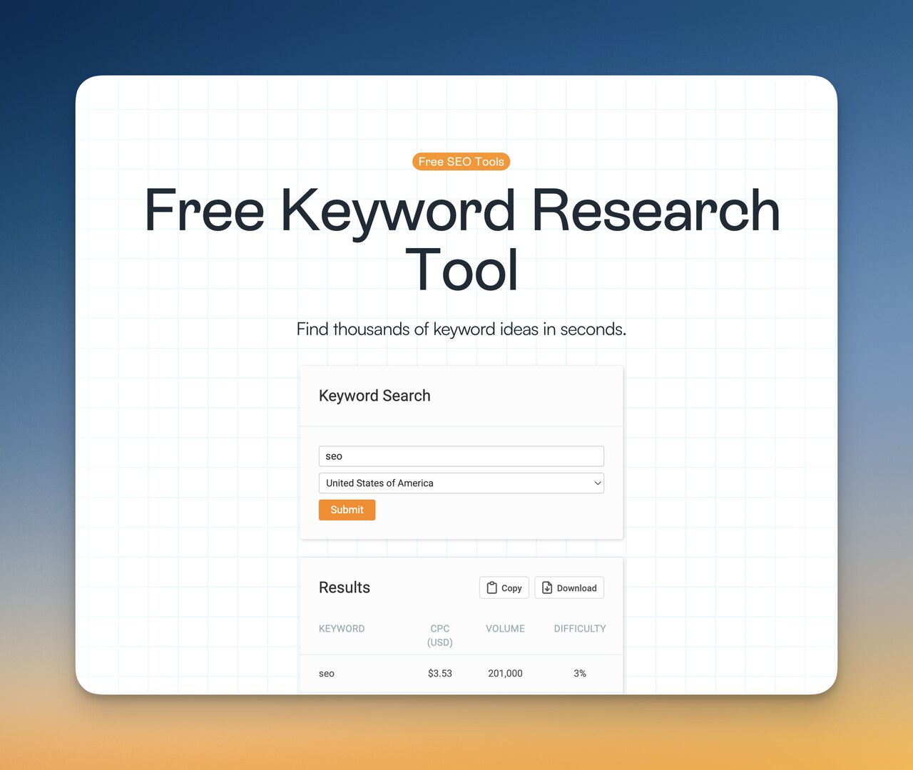 SEOmator kostenloses Keyword-Recherche-Tool zeigt Keyword-Vorschlaege und Suchvolumen