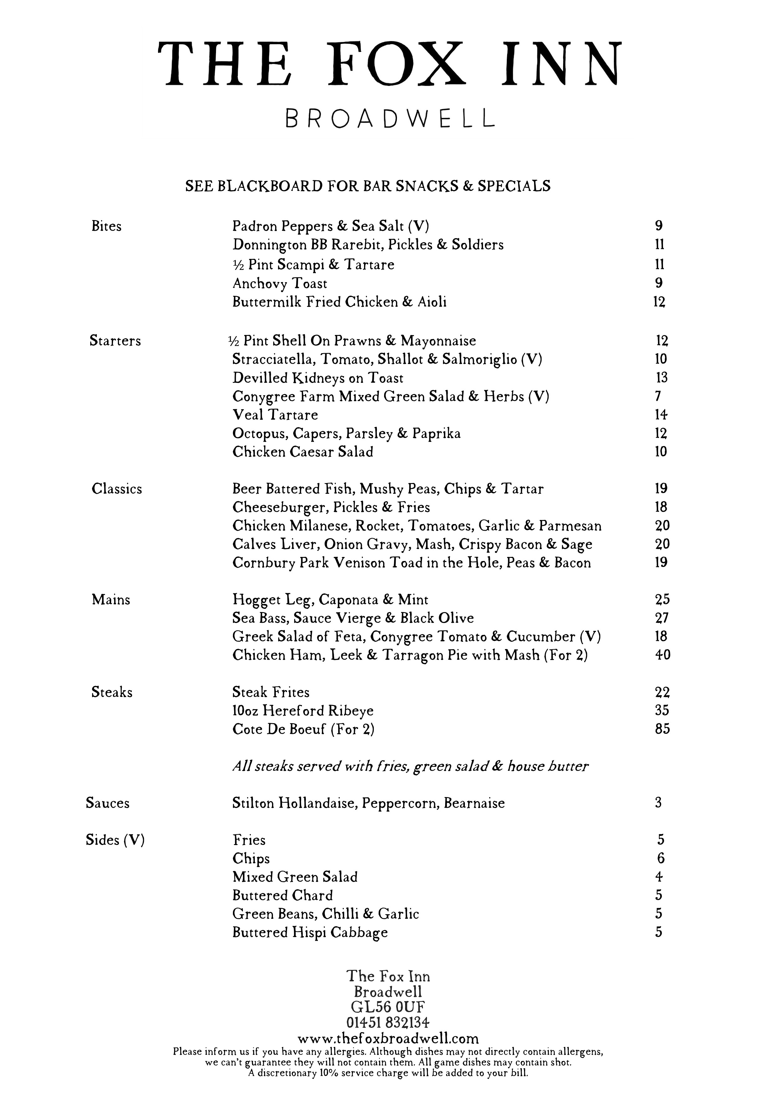 A La Carte Menu