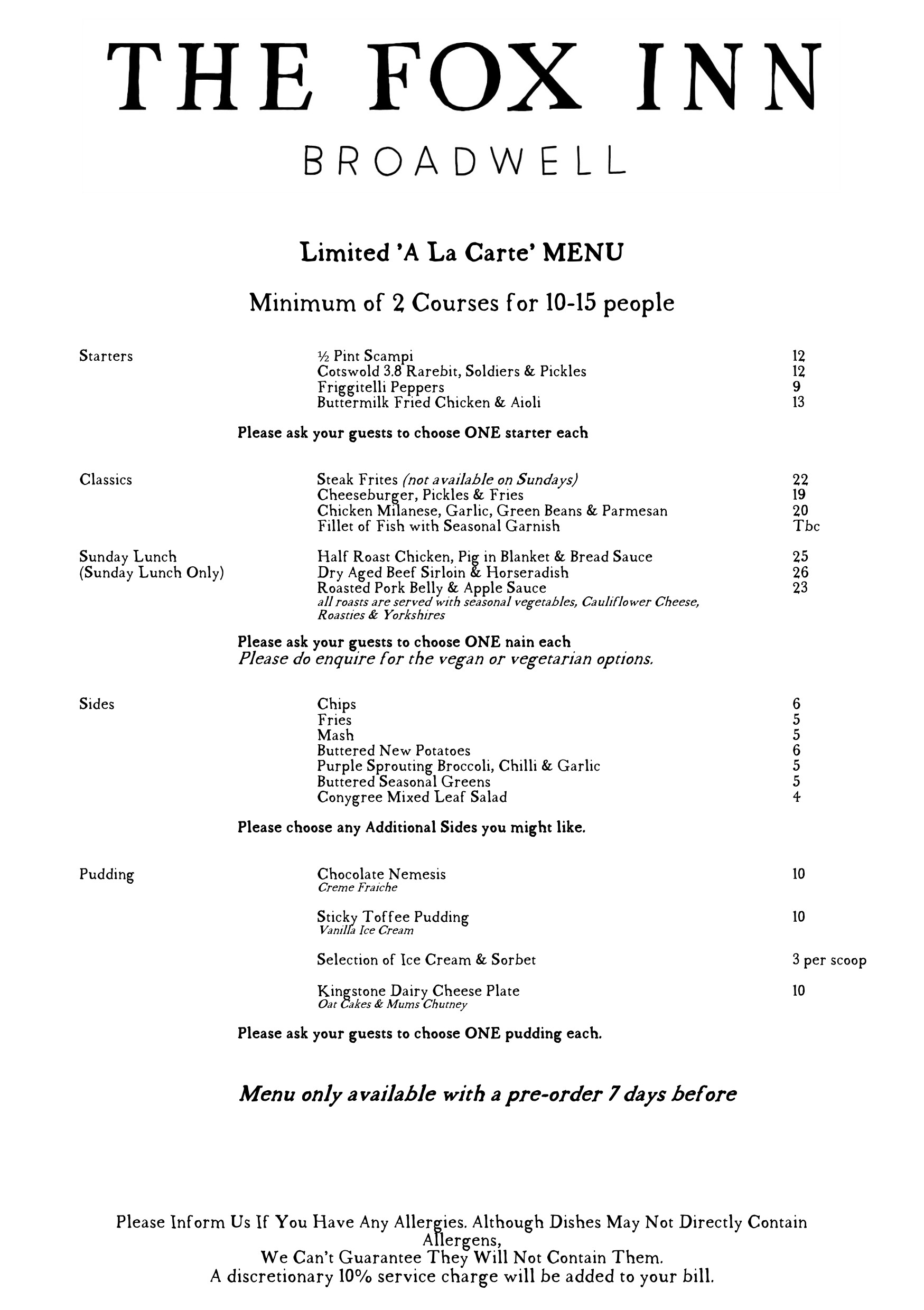 Limited A La Carte Menu