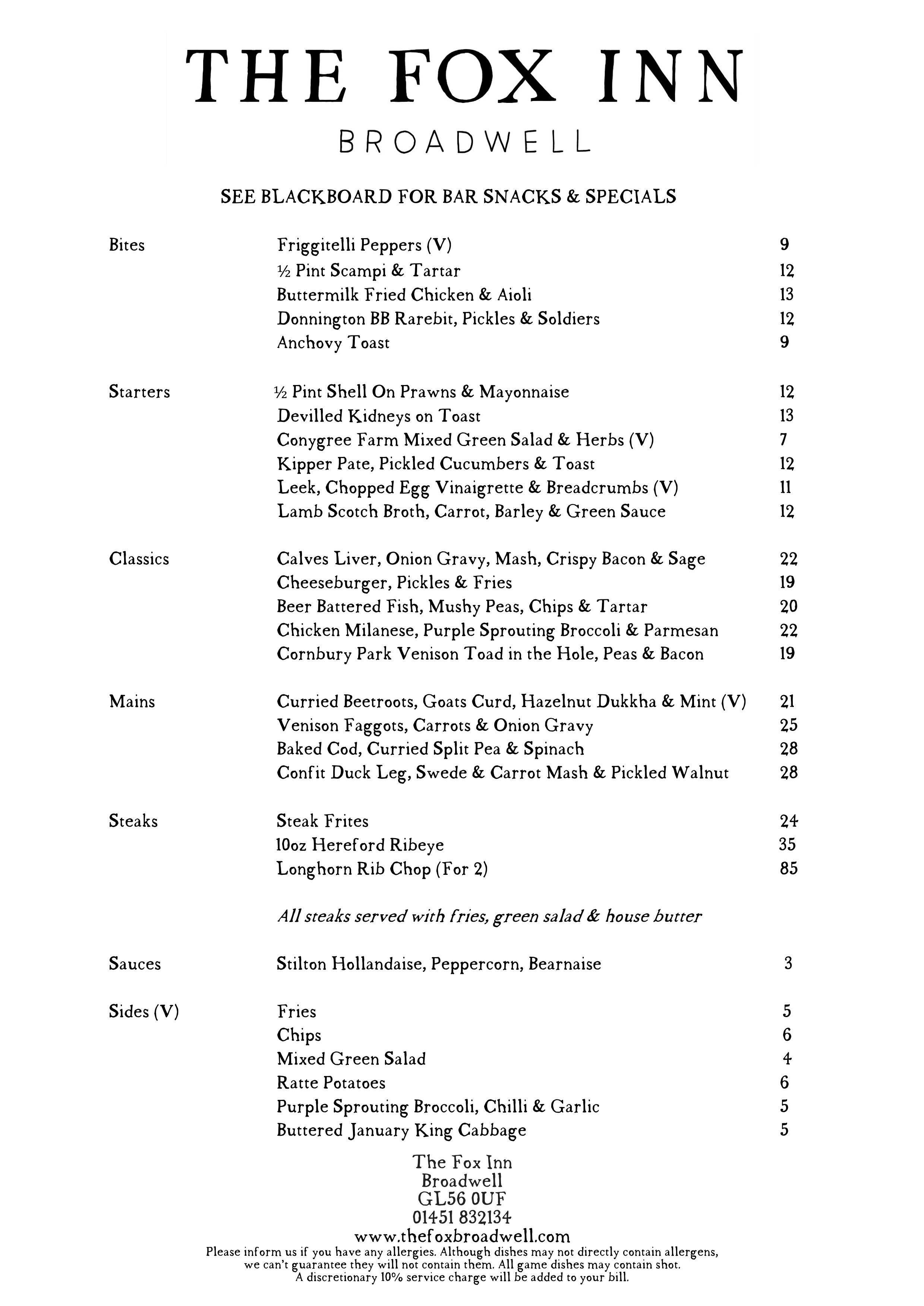 A La Carte Menu