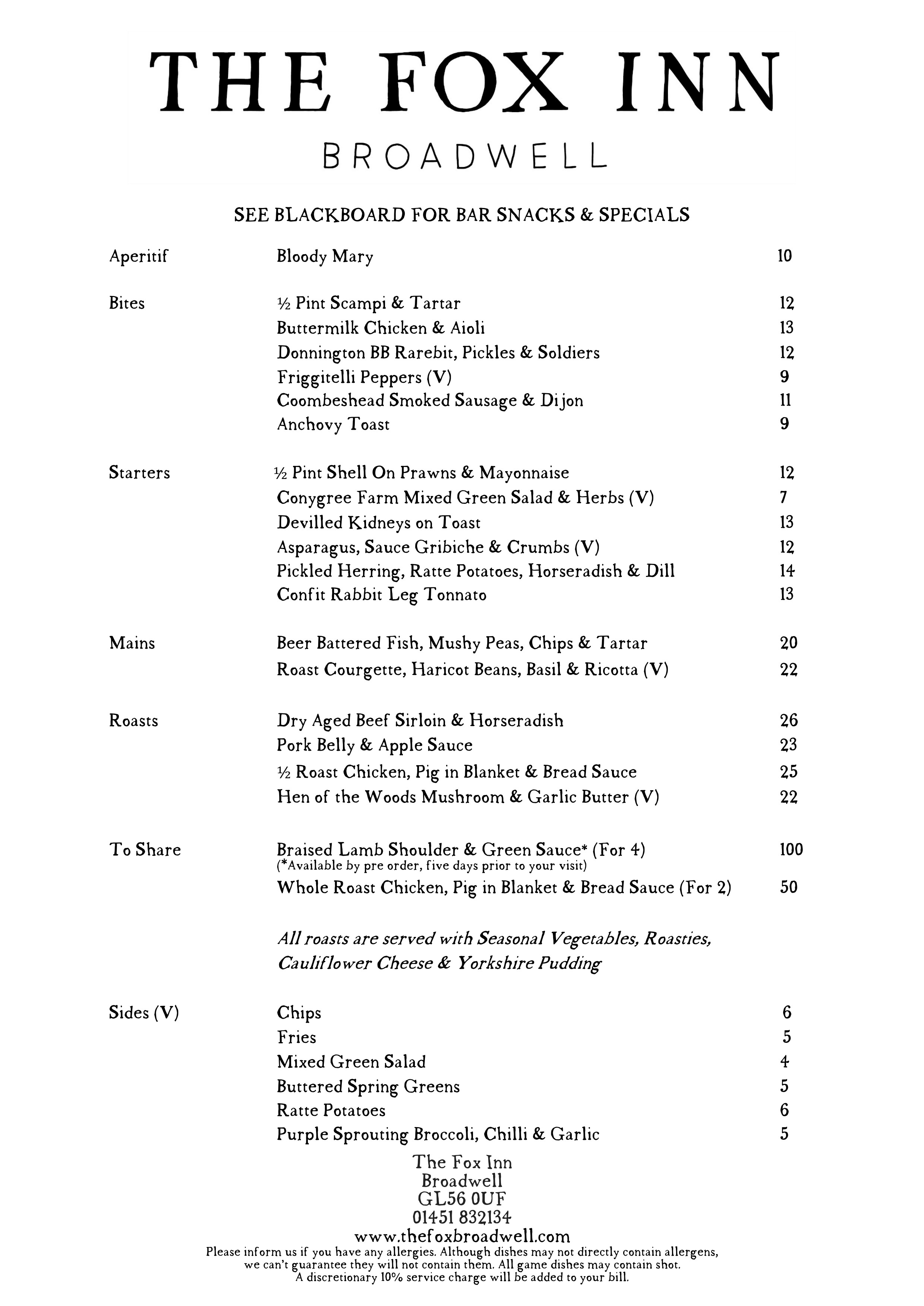 Sunday Lunch Menu