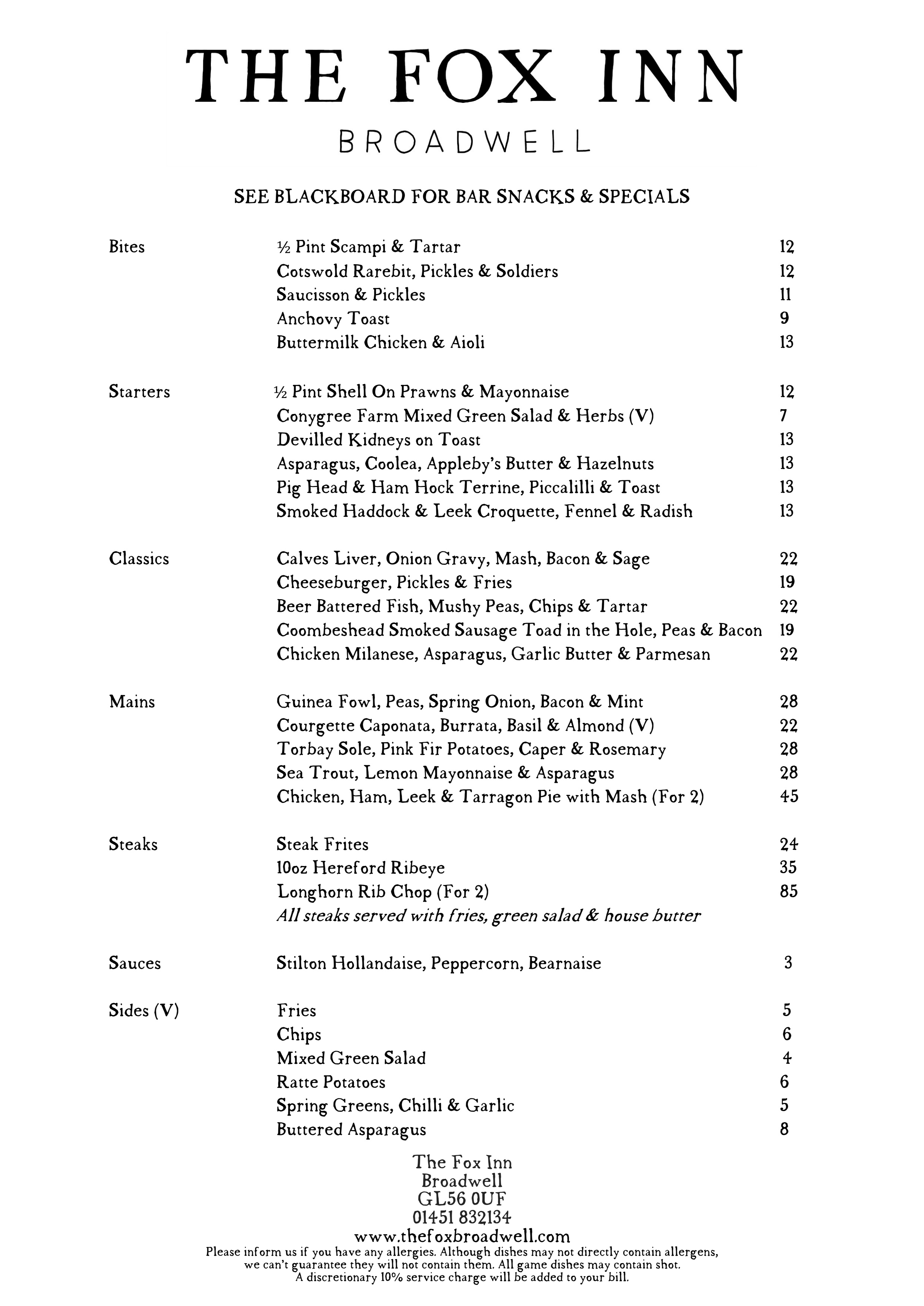 A La Carte Menu