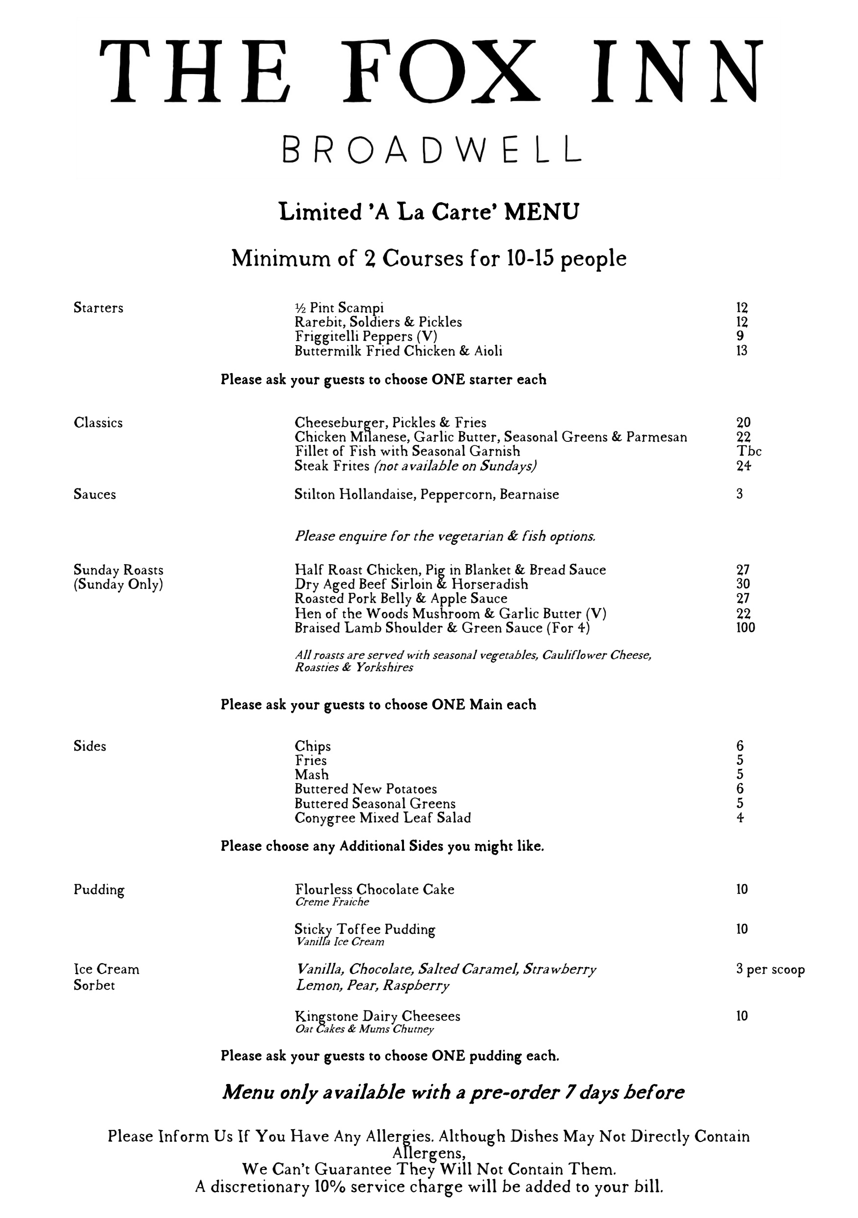 Limited A La Carte Menu