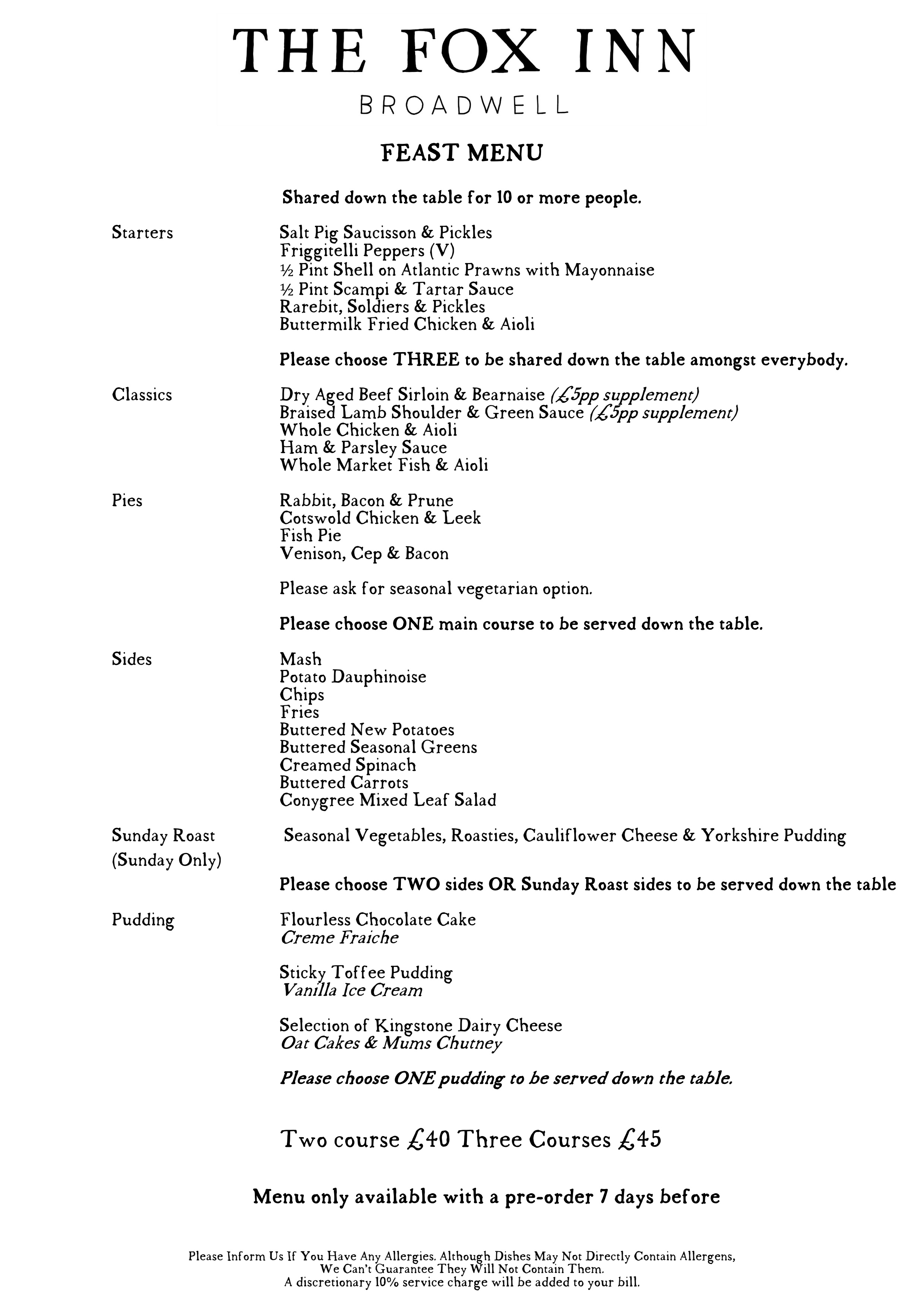 Feast Menu