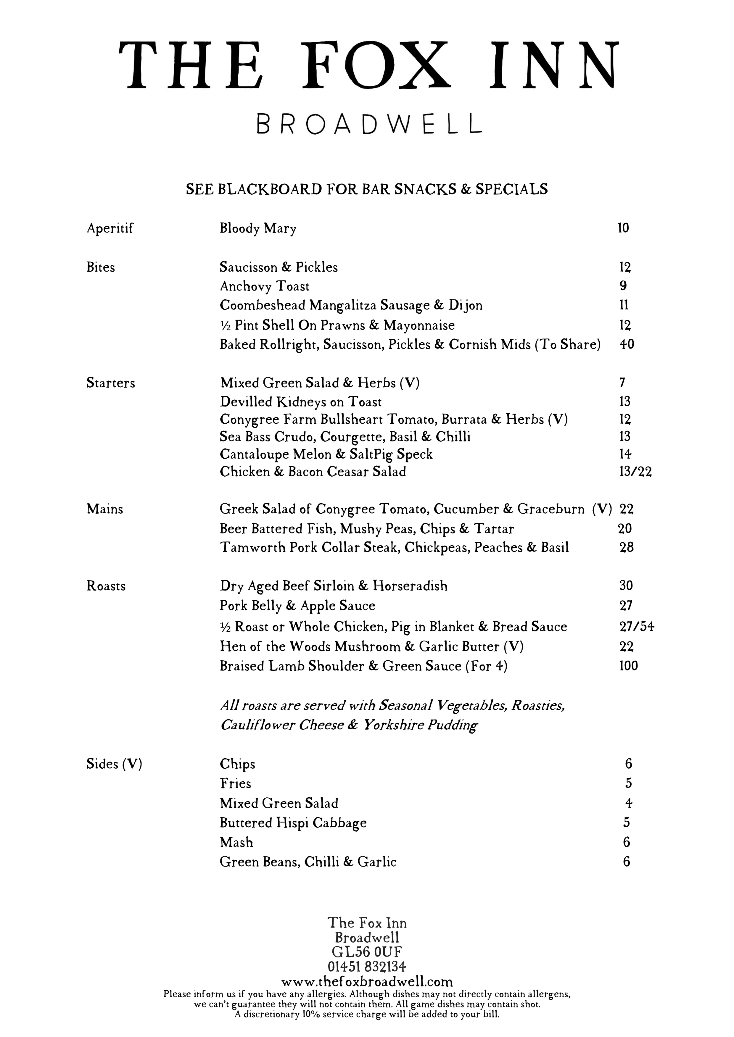 Sunday Lunch Menu