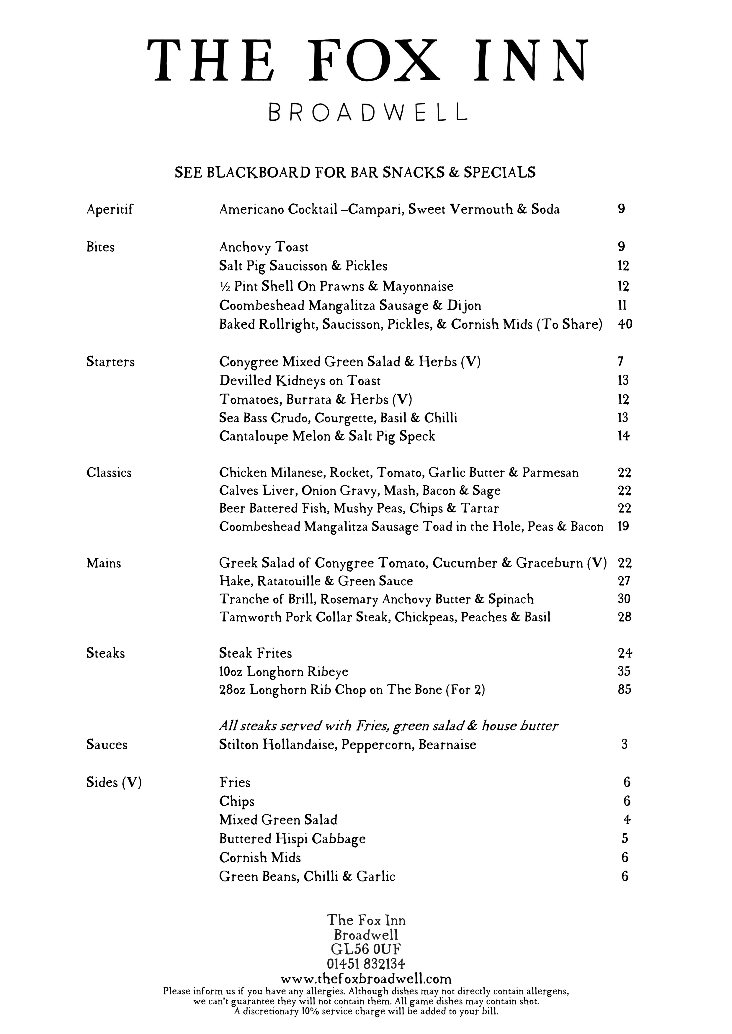 A La Carte Menu