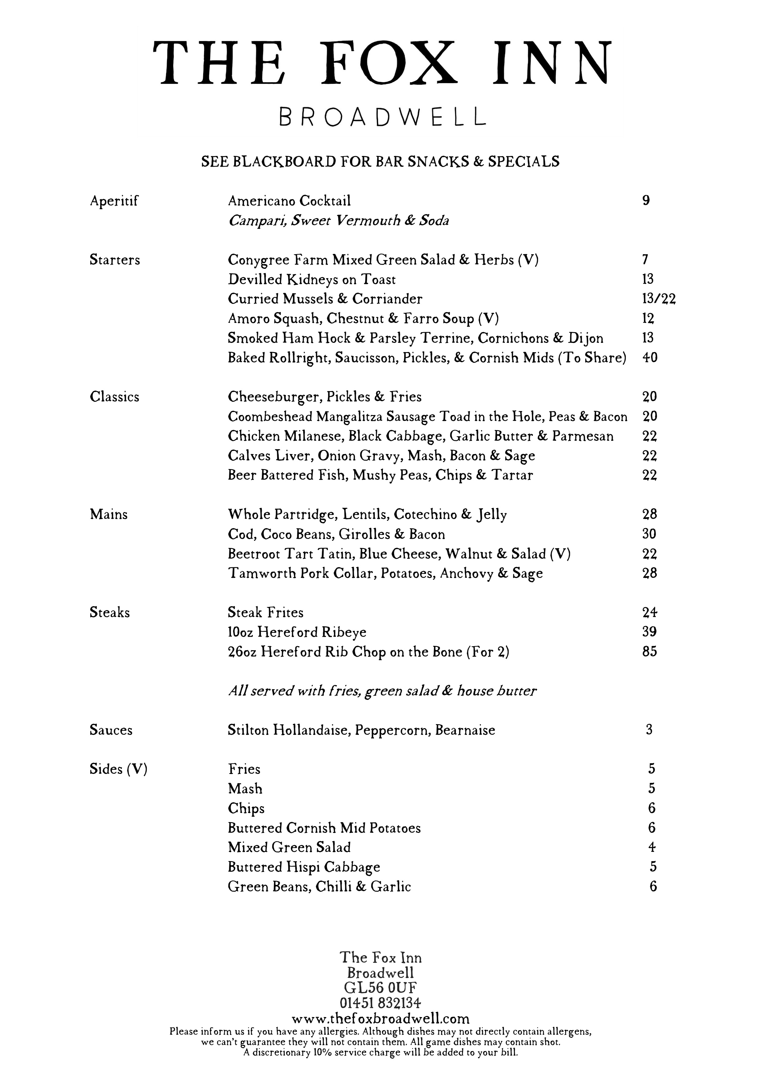 A La Carte Menu