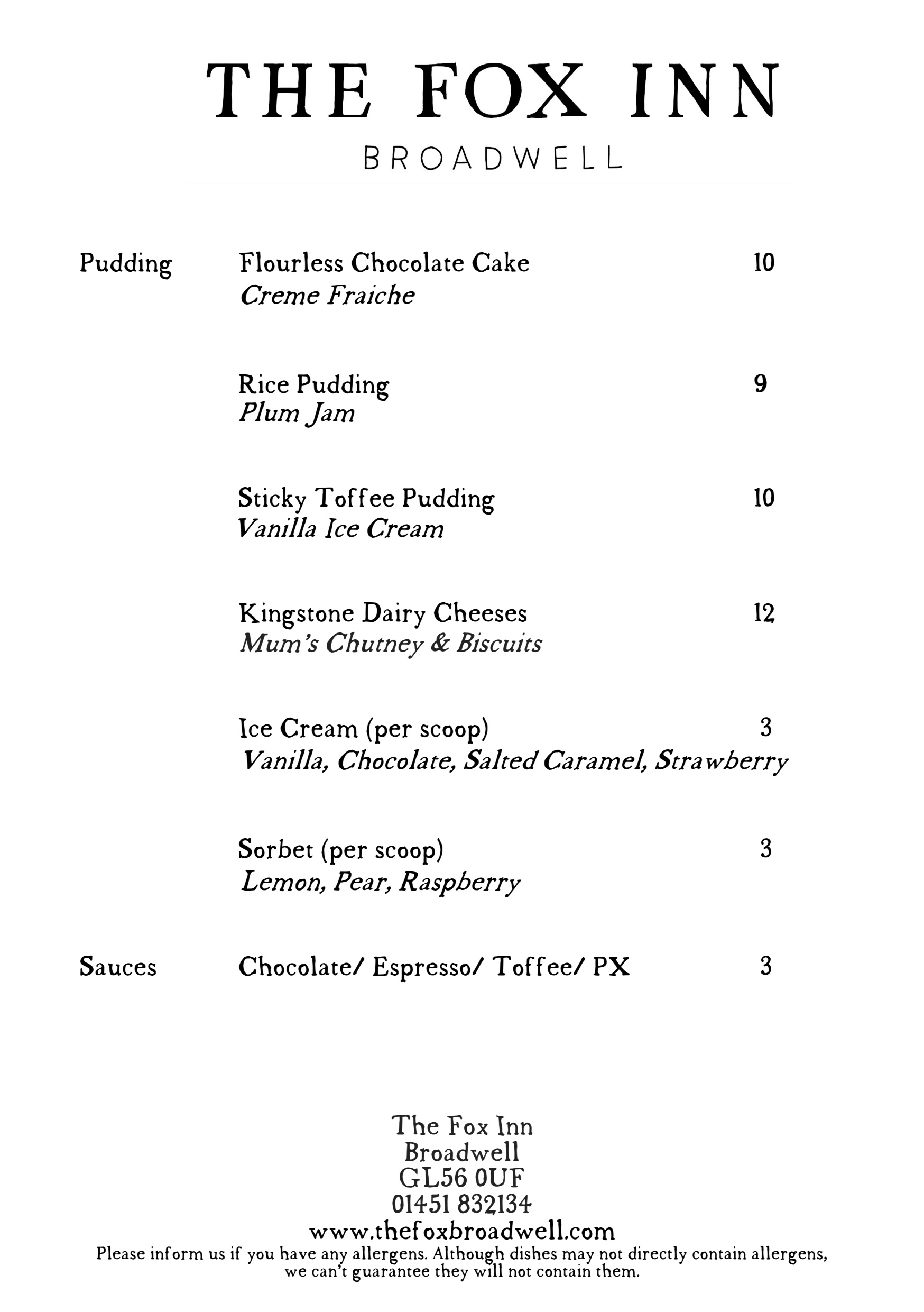 Pudding Menu