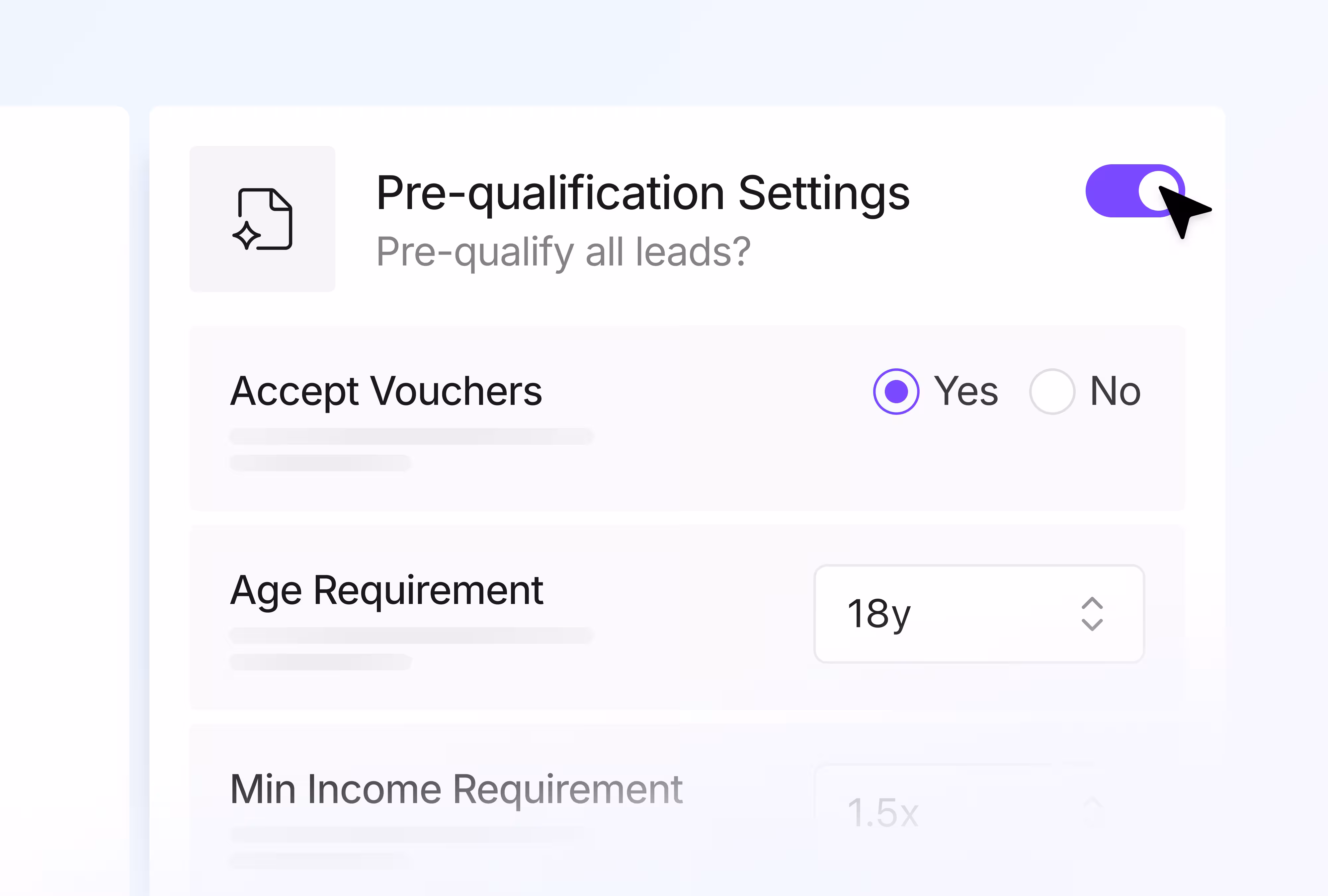 User interface for pre-qualification settings with options to accept vouchers, age requirement set to 18 years, and a toggle switch turned on.