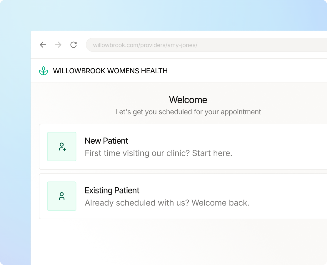 Appointment scheduling page for Willowbrook Womens Health with options for new patients or existing patients to start or continue scheduling.