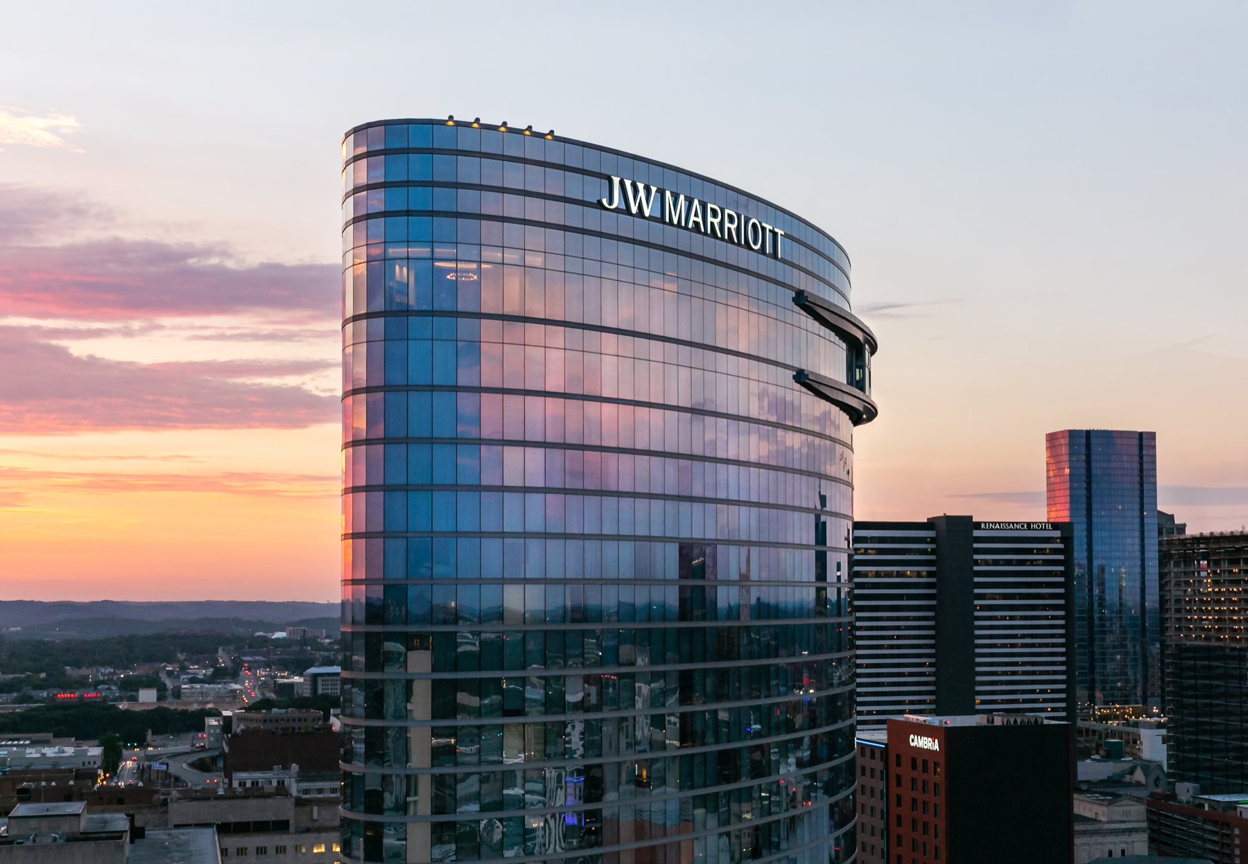 JW Marriott Nashville hotel building at sunset in downtown Nashville