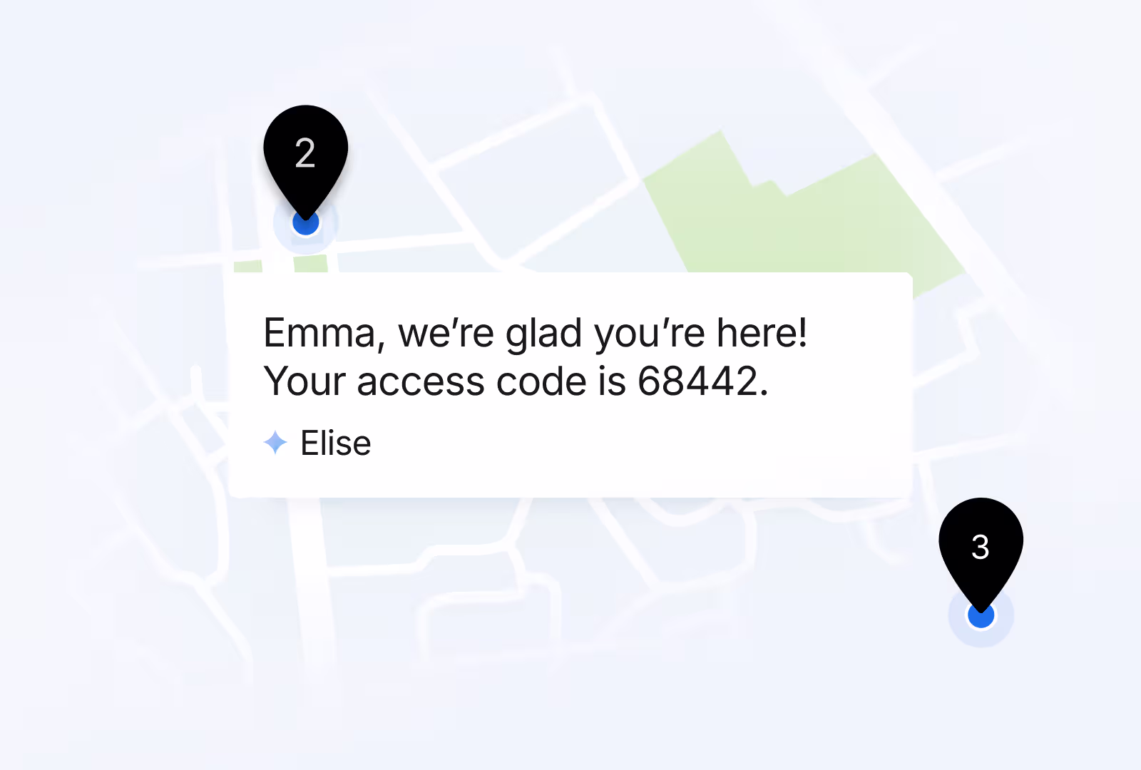 Close-up of a smartphone screen showing a conversation with Elise, displaying the message: 'Hi there! I'd be happy to help get a tour set up for you folks. What time works best?'