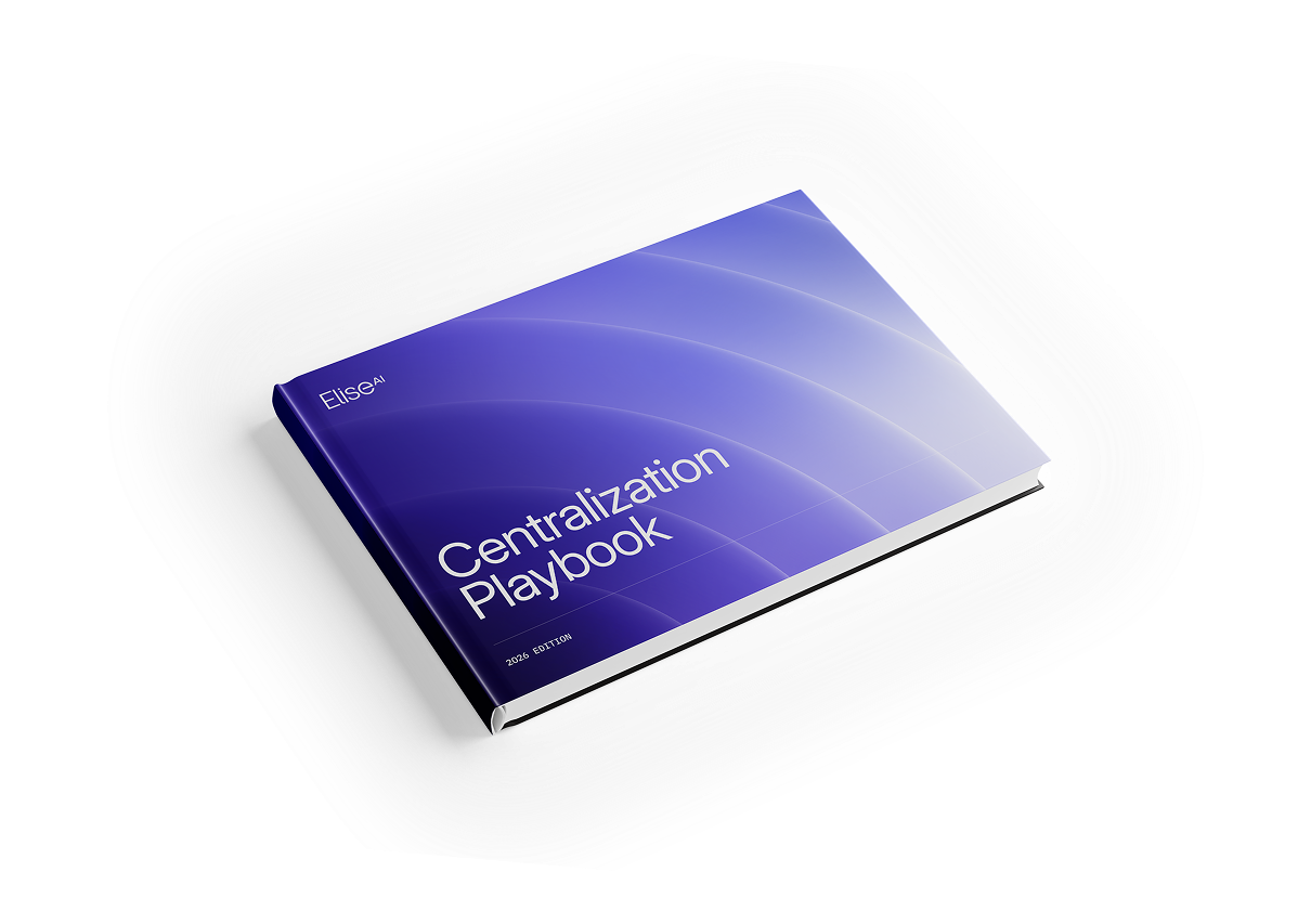 Open booklet showing a case study on Student Quarters reducing maintenance emergencies by 26% with EliseAI, alongside an executive summary and a three-phase centralization strategy diagram.