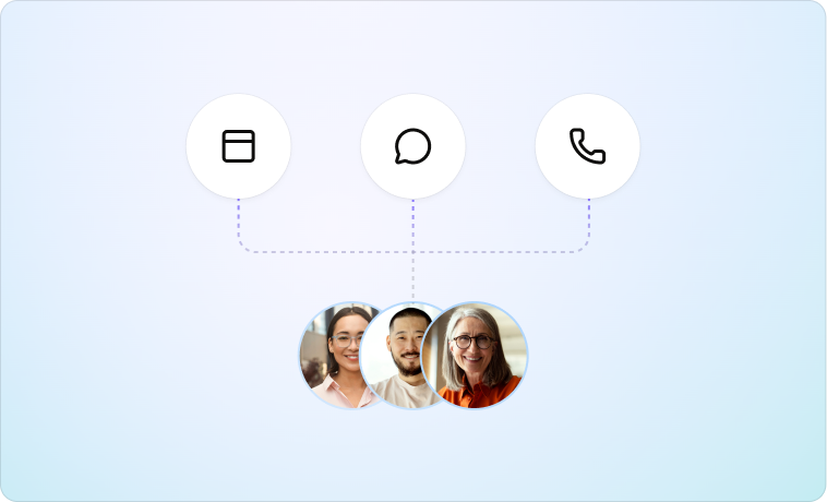 Three profile photos of people connected by dotted lines to three communication icons: a credit card, a speech bubble, and a phone receiver, on a light blue gradient background.
