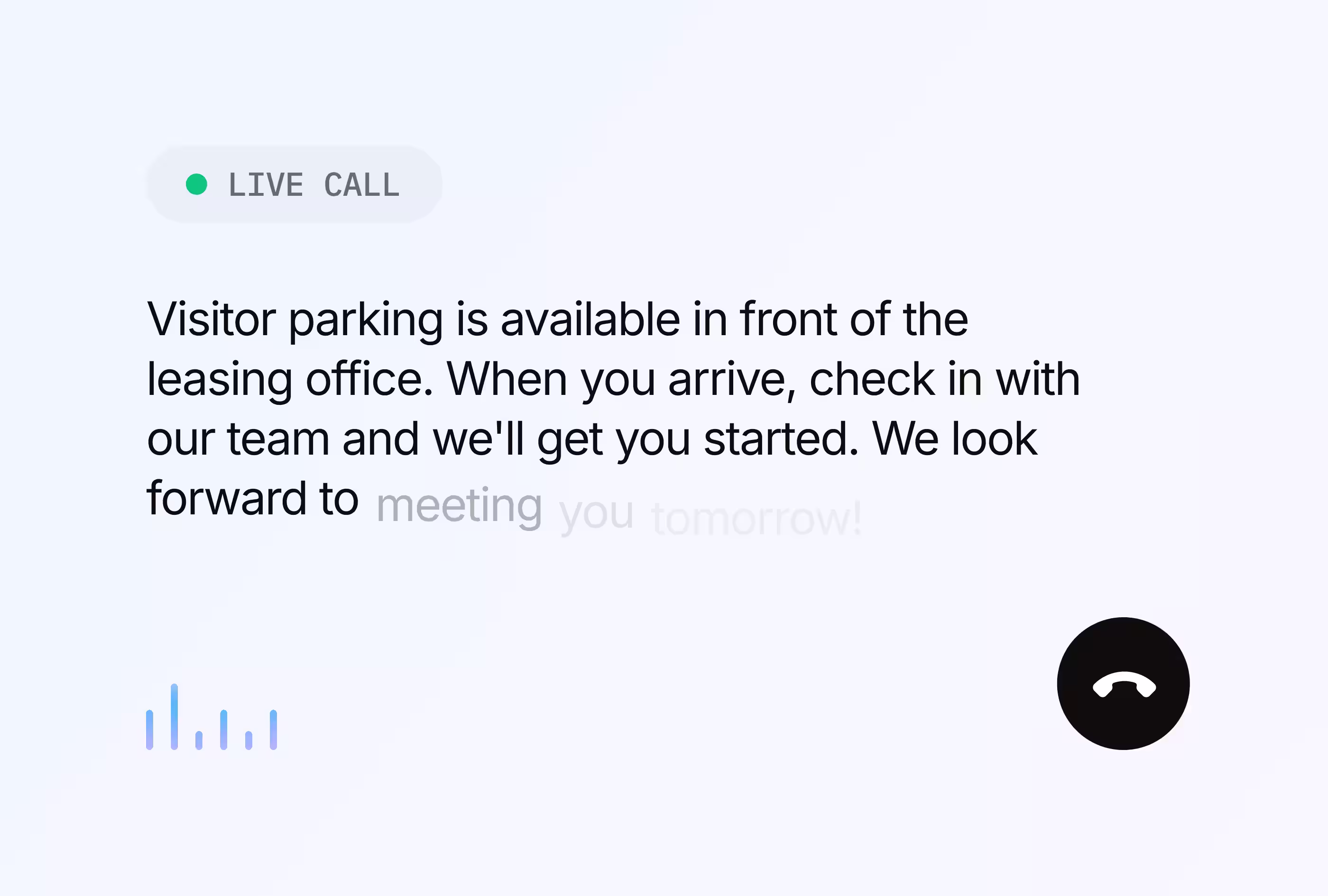 Close-up of a smartphone screen showing a conversation with Elise, displaying the message: 'Hi there! I'd be happy to help get a tour set up for you folks. What time works best?'