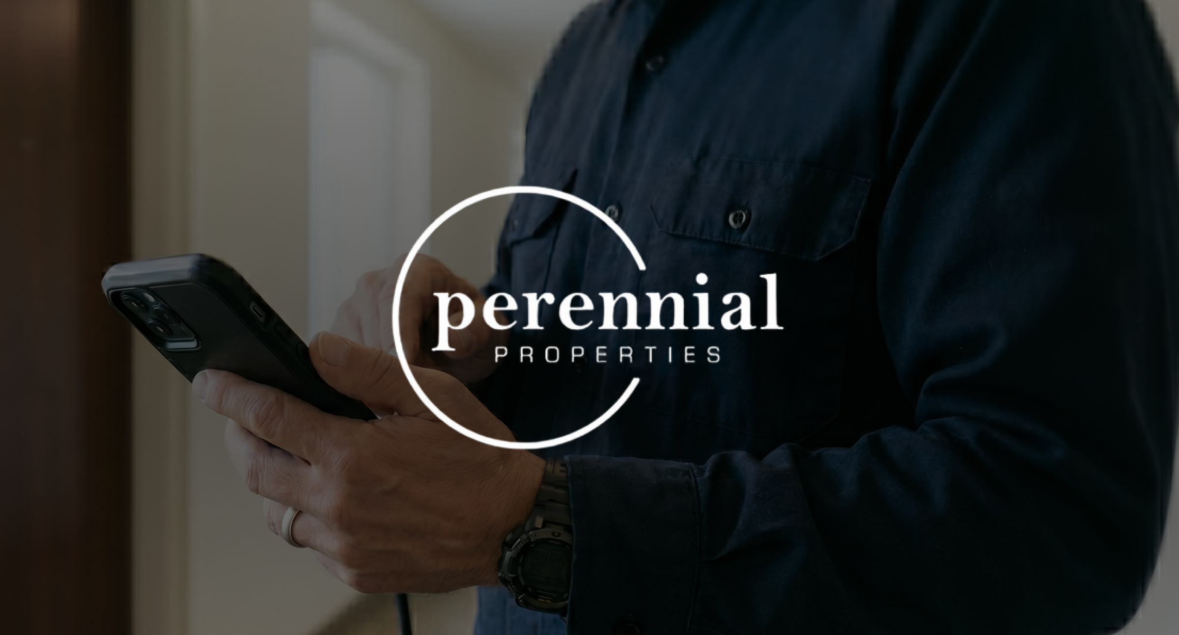 Image of everyday life in the office with a white logo on top of the image