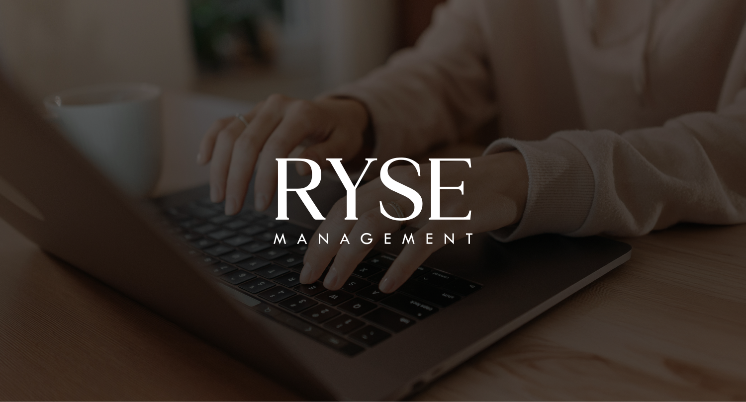 Image of everyday life in the office with a white logo on top of the image